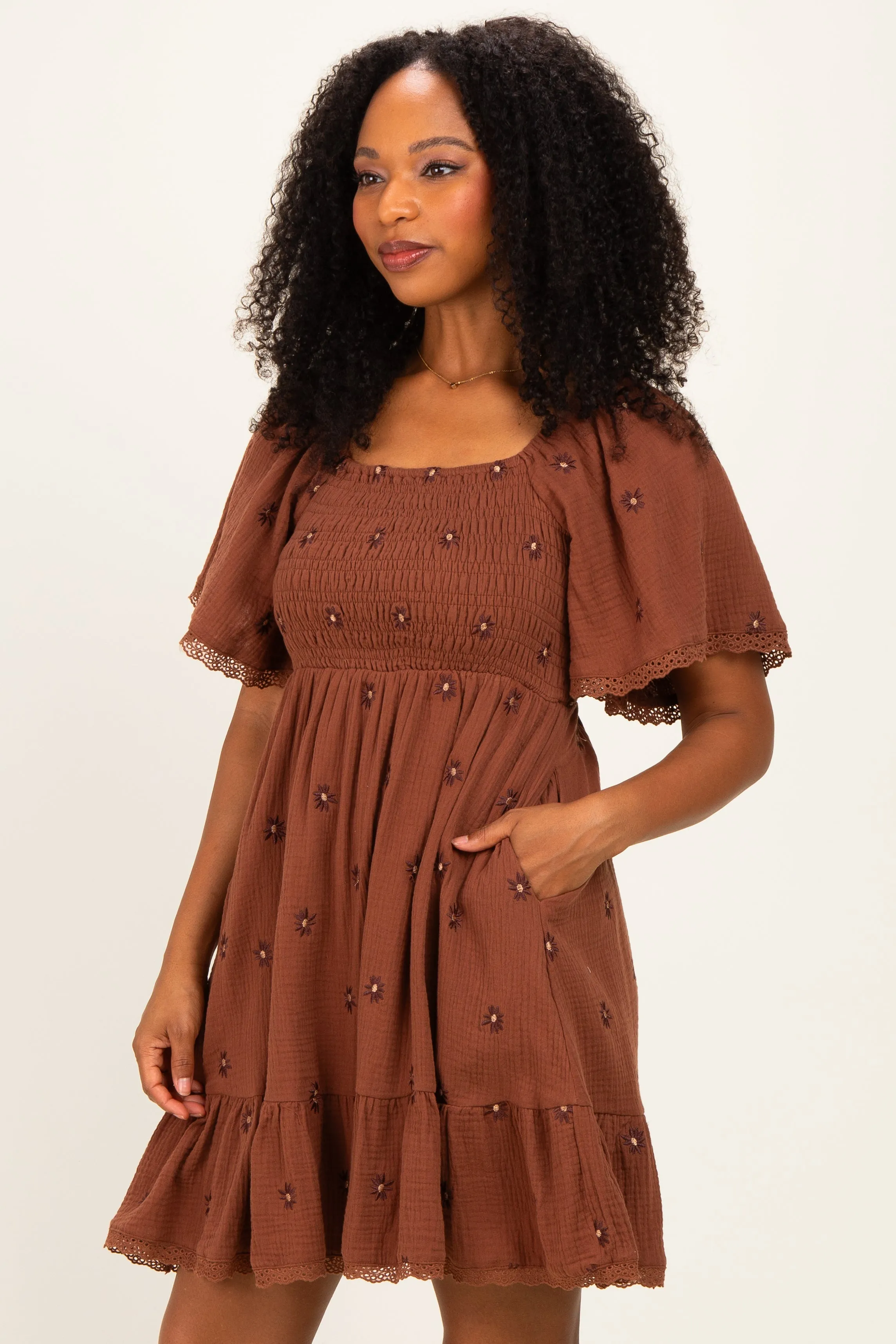 Chocolate Floral Embroidered Smocked Dress sold by Pinkblush product image thumbnail 3