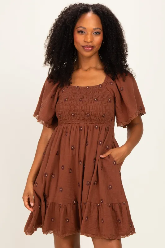 Chocolate Floral Embroidered Smocked Dress made by Jnna