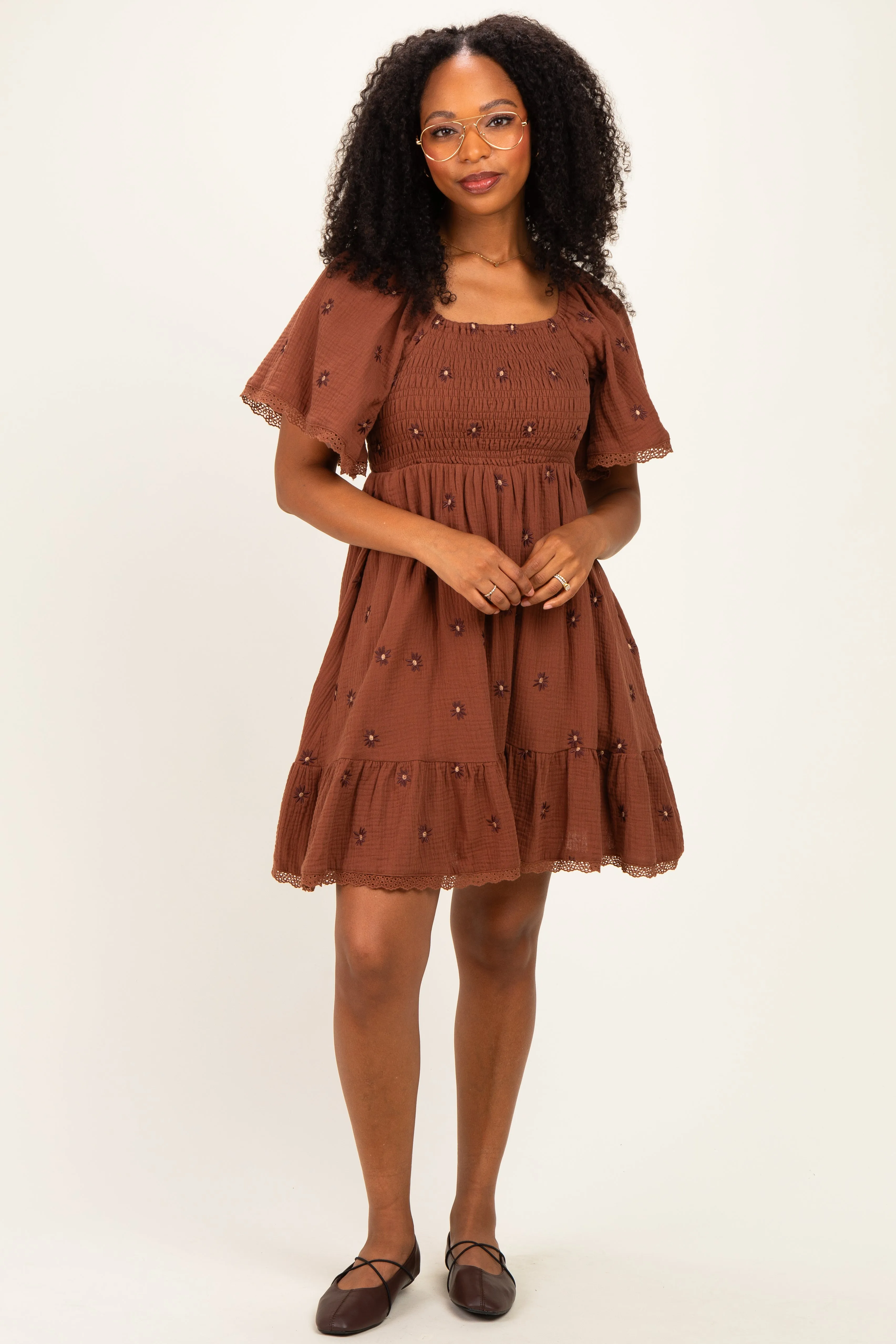 Chocolate Floral Embroidered Smocked Dress sold by Pinkblush product image thumbnail 2