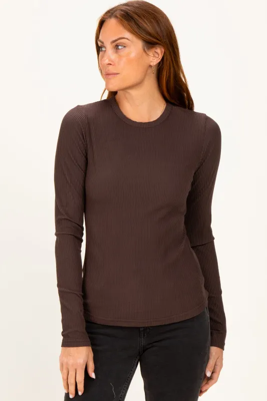 Brown Brushed Rib Knit Long Sleeve Top made by Umgee
