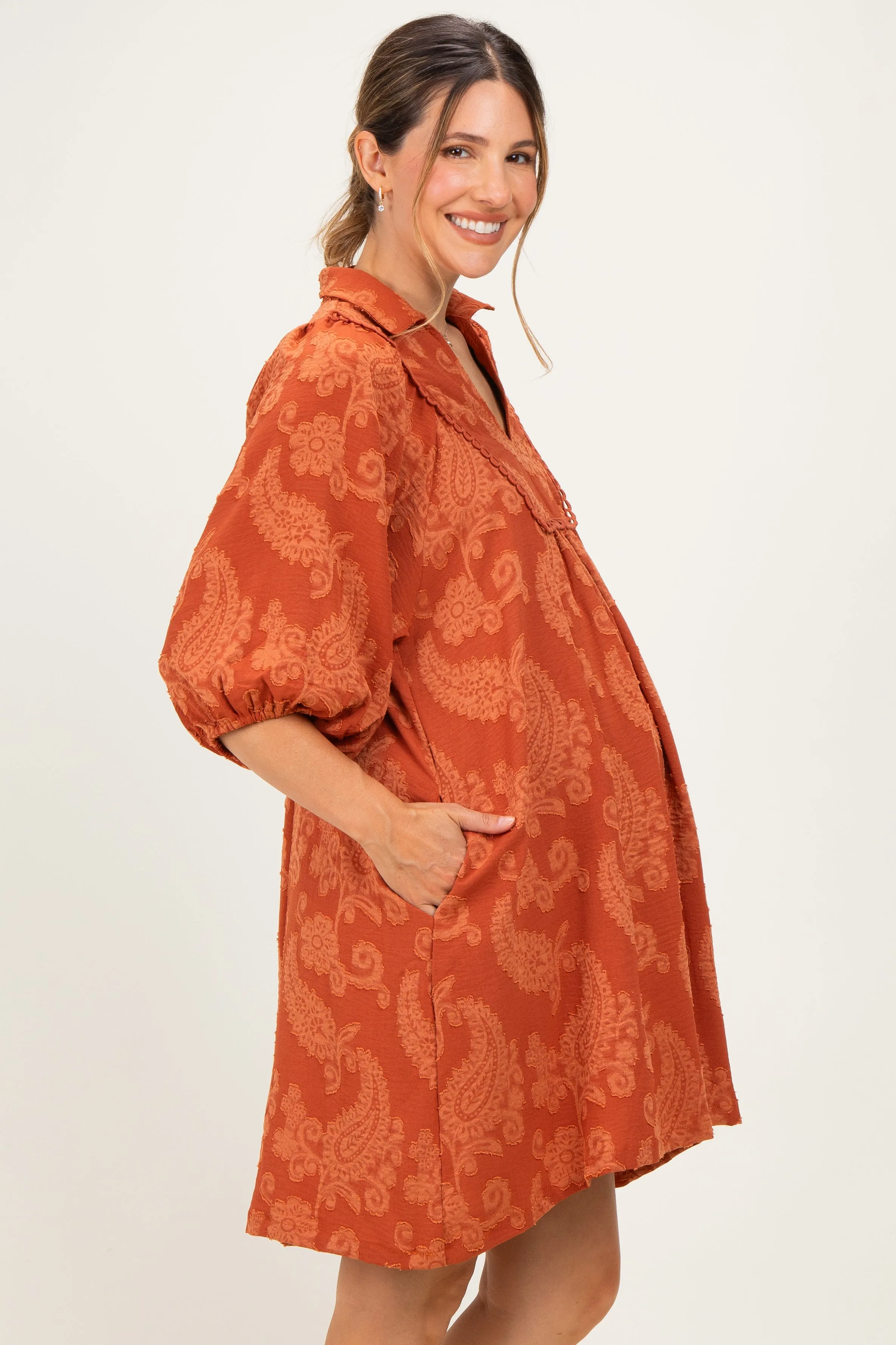 Rust Paisley Puff Sleeve Maternity Dress sold by Pinkblush product image thumbnail 3