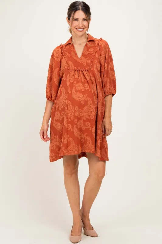Rust Paisley Puff Sleeve Maternity Dress made by Umgee