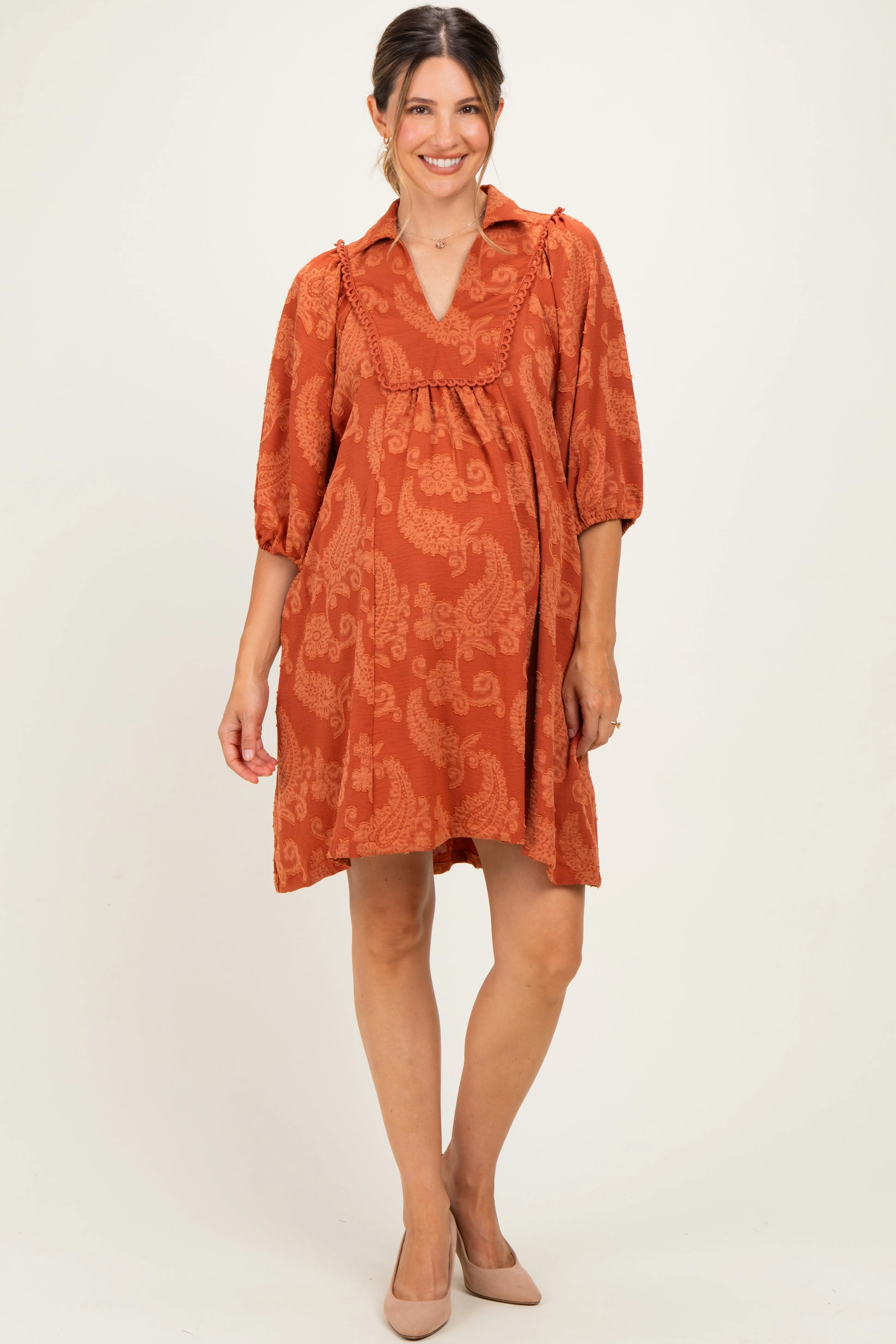 Rust Paisley Puff Sleeve Maternity Dress sold by Pinkblush