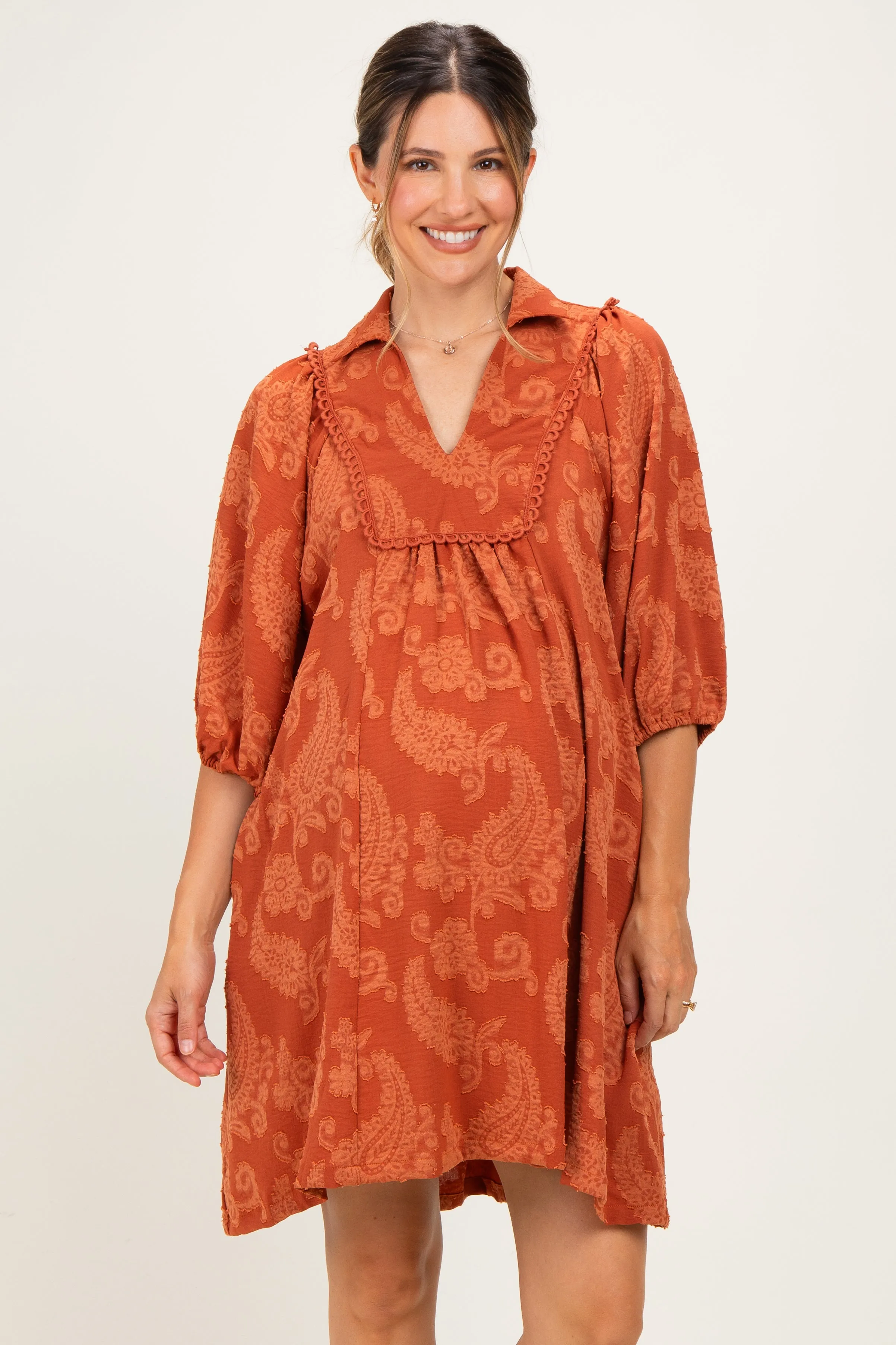 Rust Paisley Puff Sleeve Maternity Dress sold by Pinkblush product image thumbnail 2