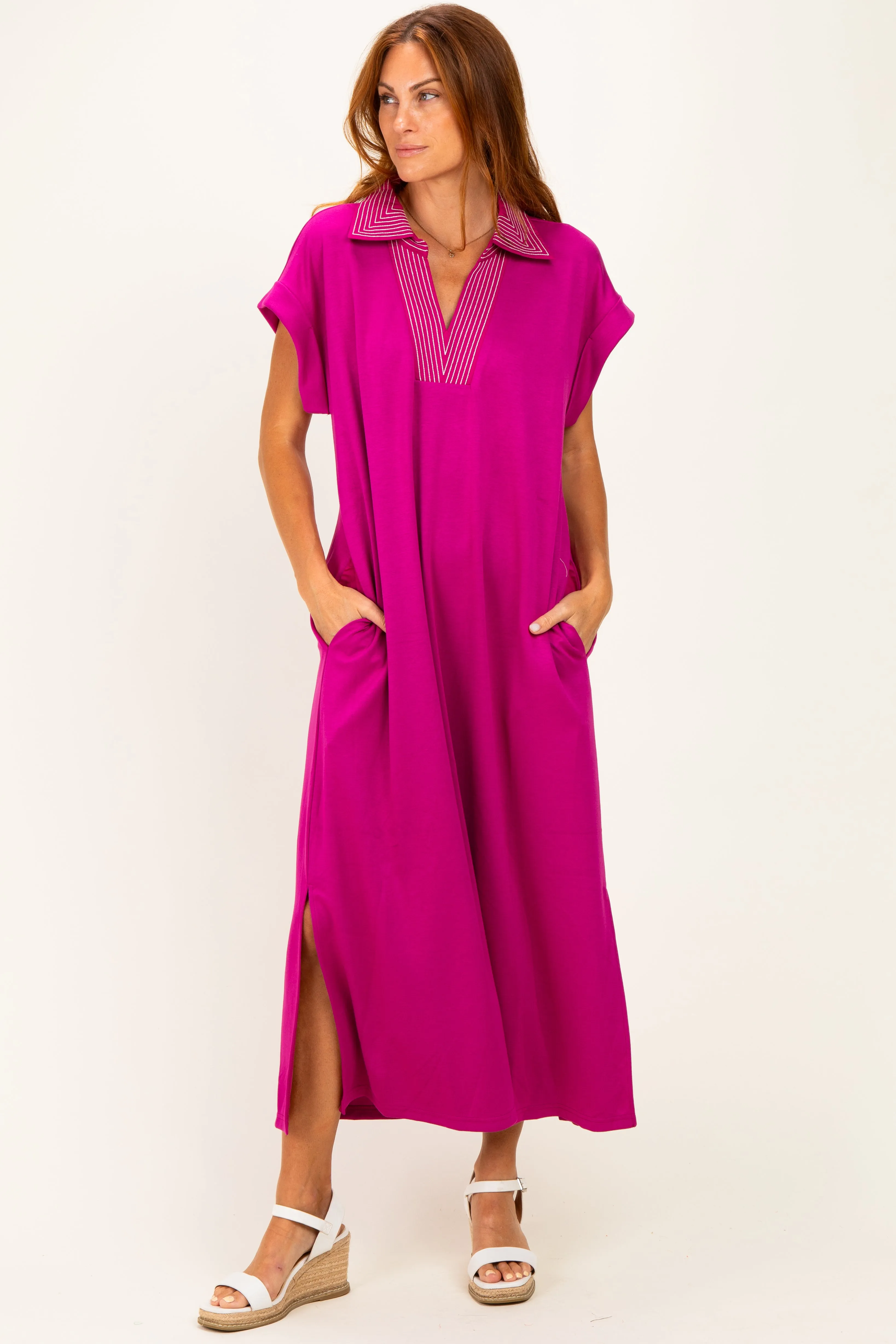 Magenta Striped Collared Side Slit Midi Dress sold by Pinkblush product image thumbnail 2