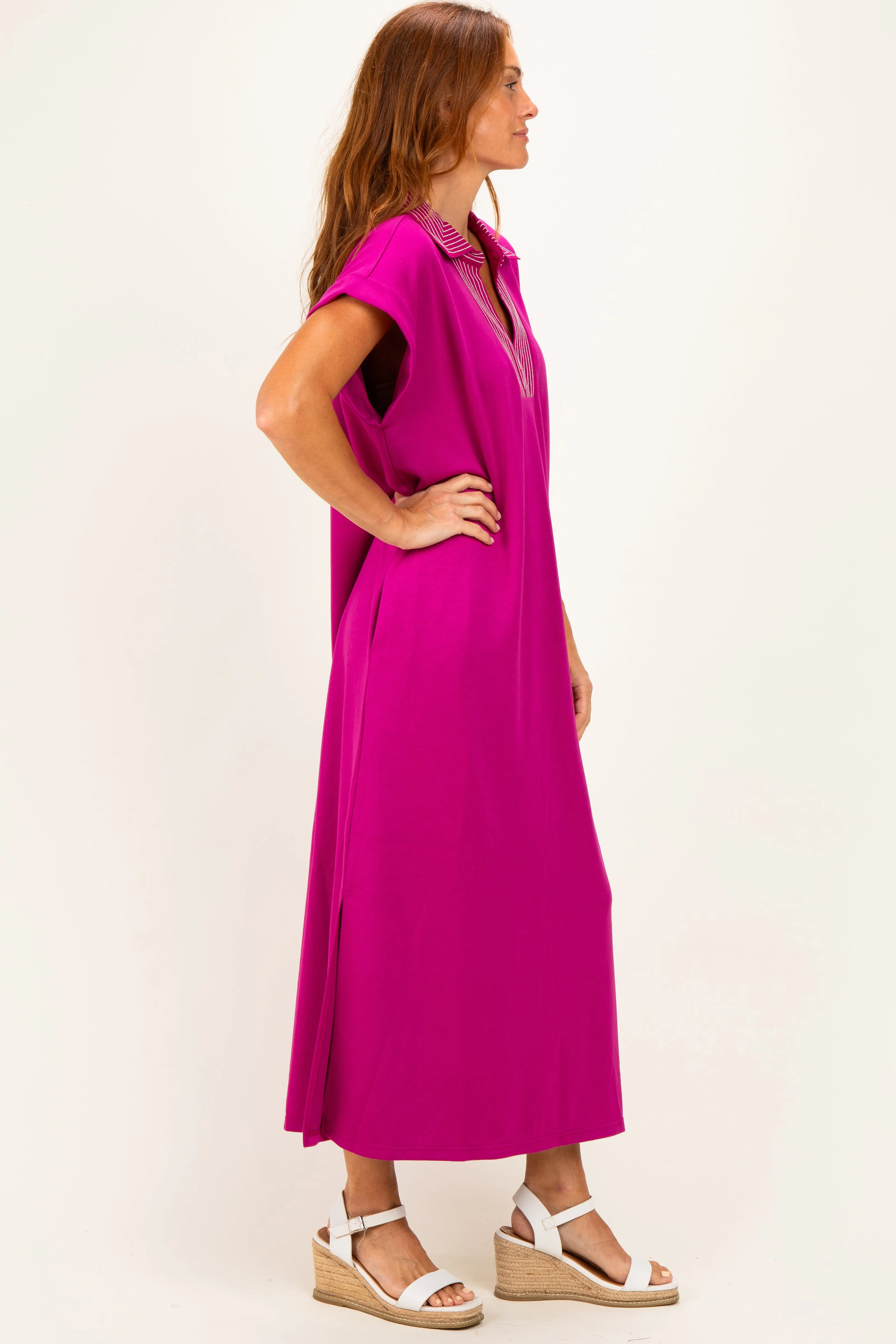 Magenta Striped Collared Side Slit Midi Dress sold by Pinkblush product image thumbnail 3