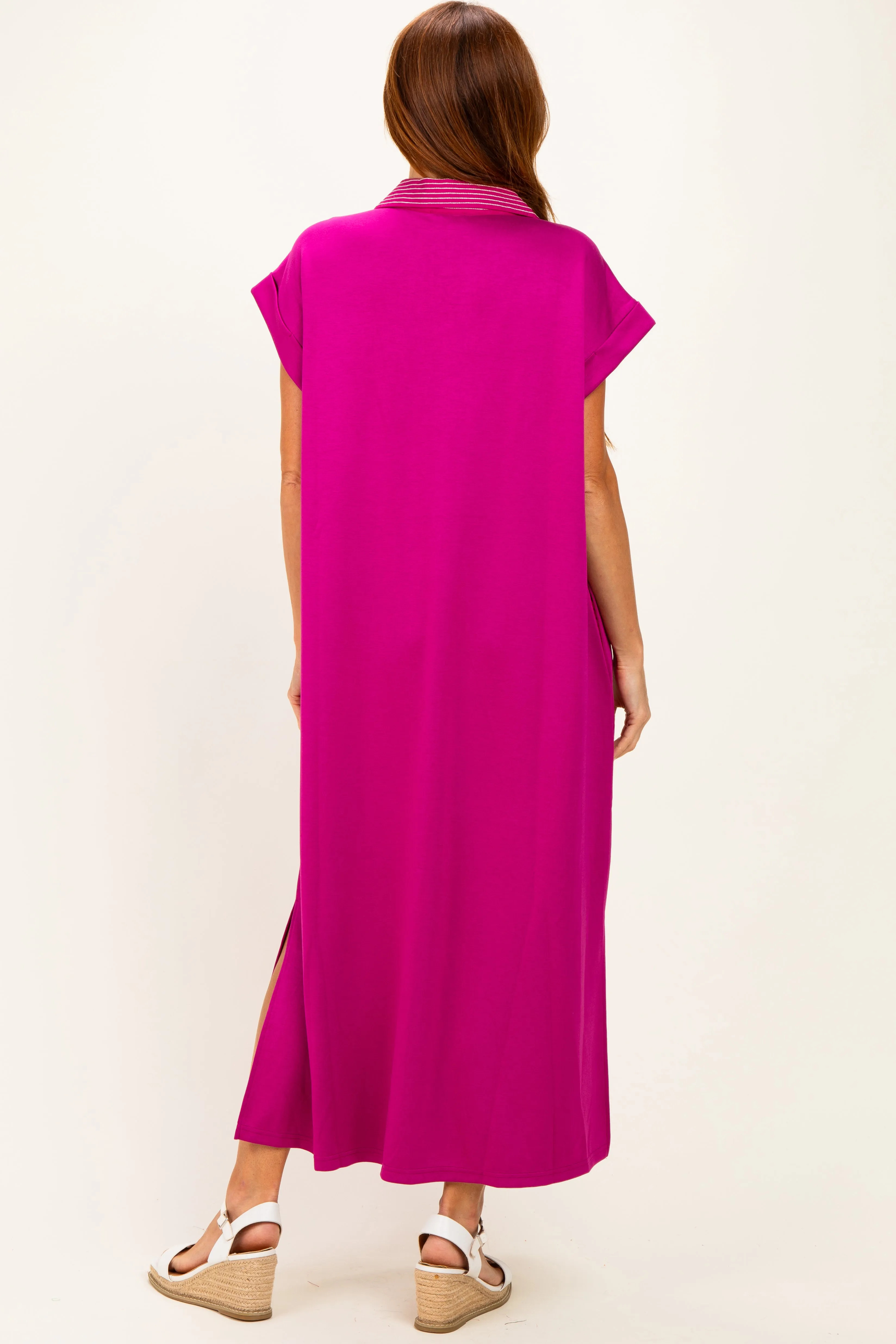 Magenta Striped Collared Side Slit Midi Dress sold by Pinkblush product image thumbnail 4