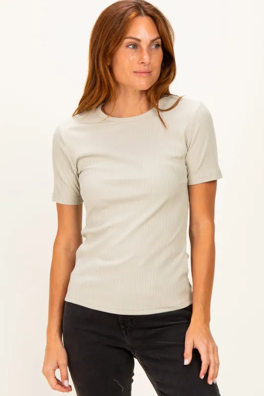 Sage Brushed Ribbed Knit Crewneck Tee made by Umgee