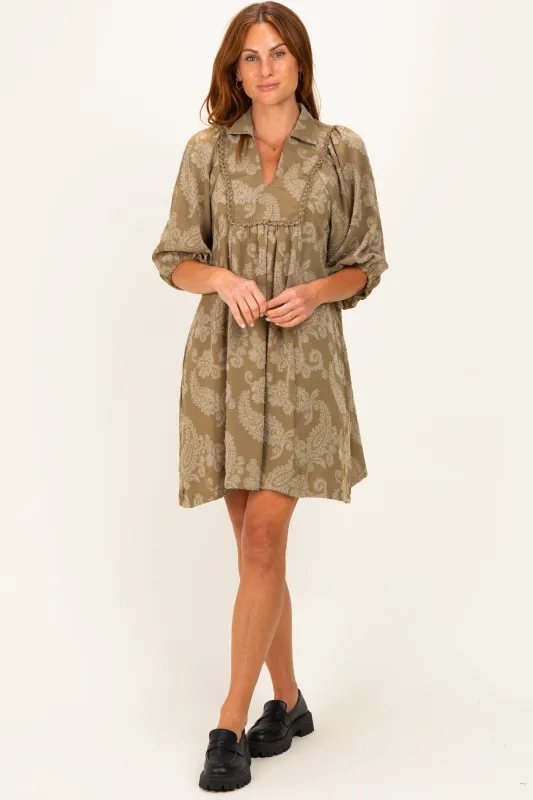 Light Olive Paisley Puff Sleeve Dress made by Umgee