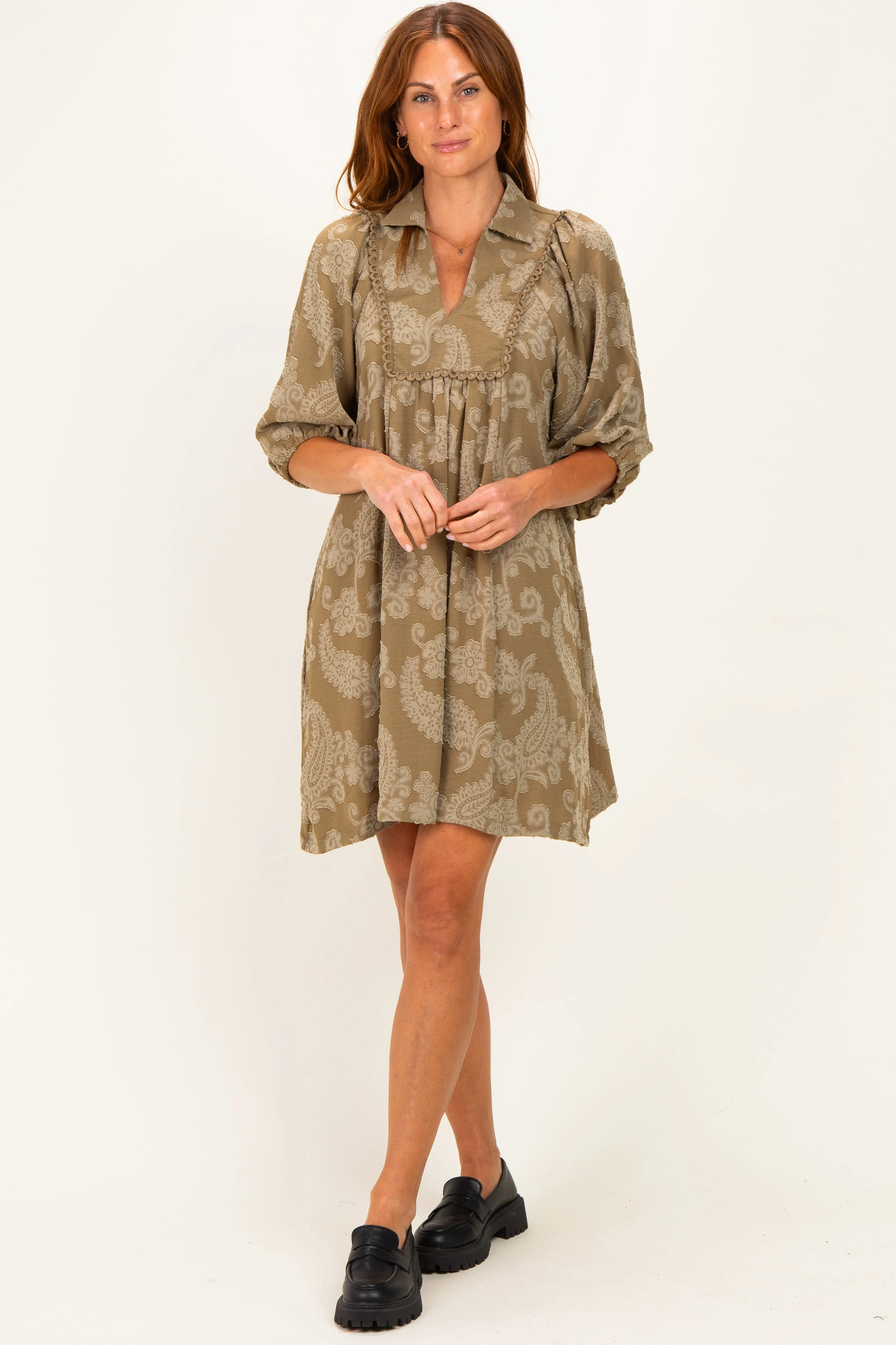 Light Olive Paisley Puff Sleeve Dress sold by Pinkblush