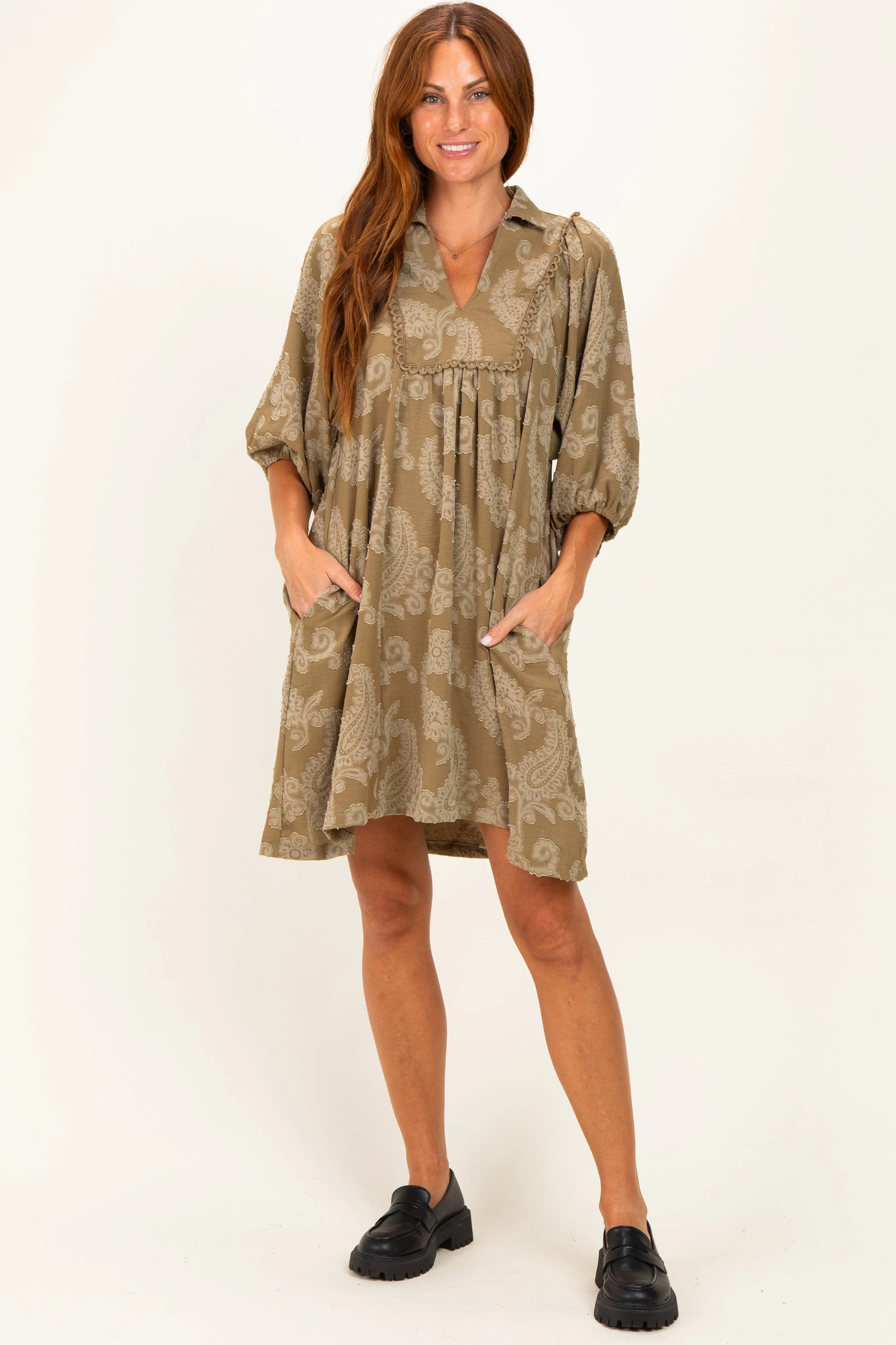 Light Olive Paisley Puff Sleeve Dress sold by Pinkblush product image thumbnail 2