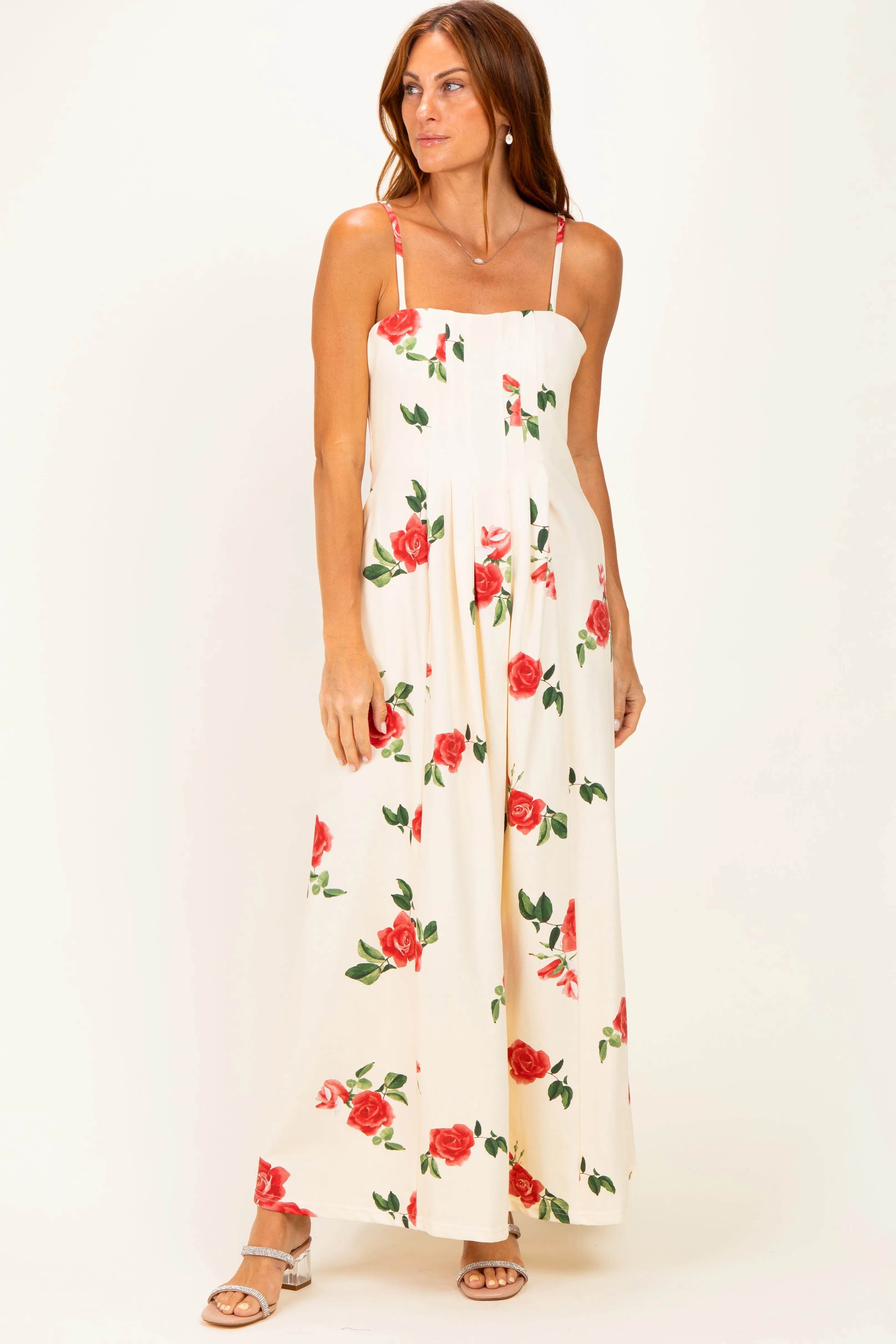 Cream Floral Thin Strap Midi Dress sold by Pinkblush