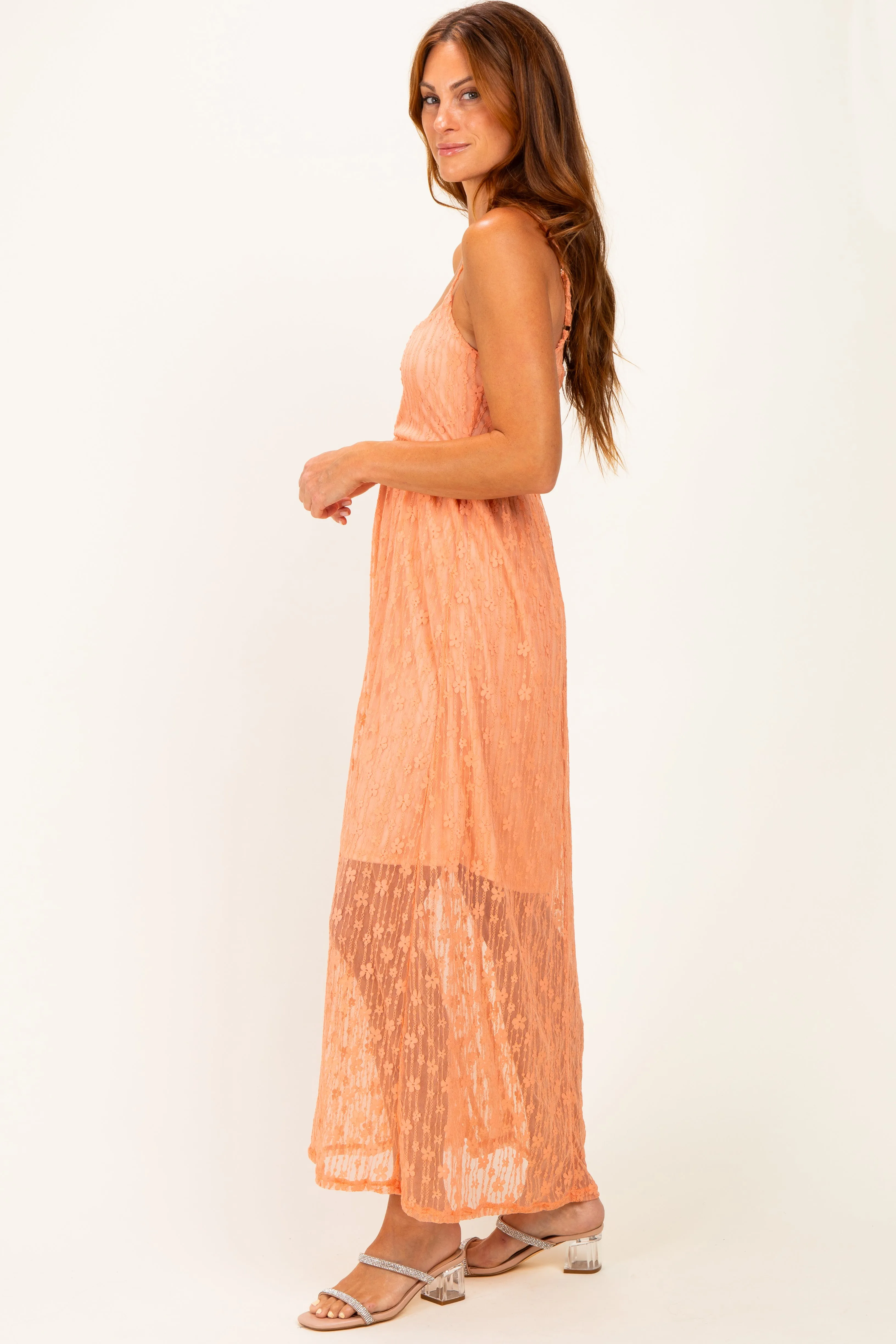 Peach Sleeveless Lace Maxi Dress sold by Pinkblush product image thumbnail 2