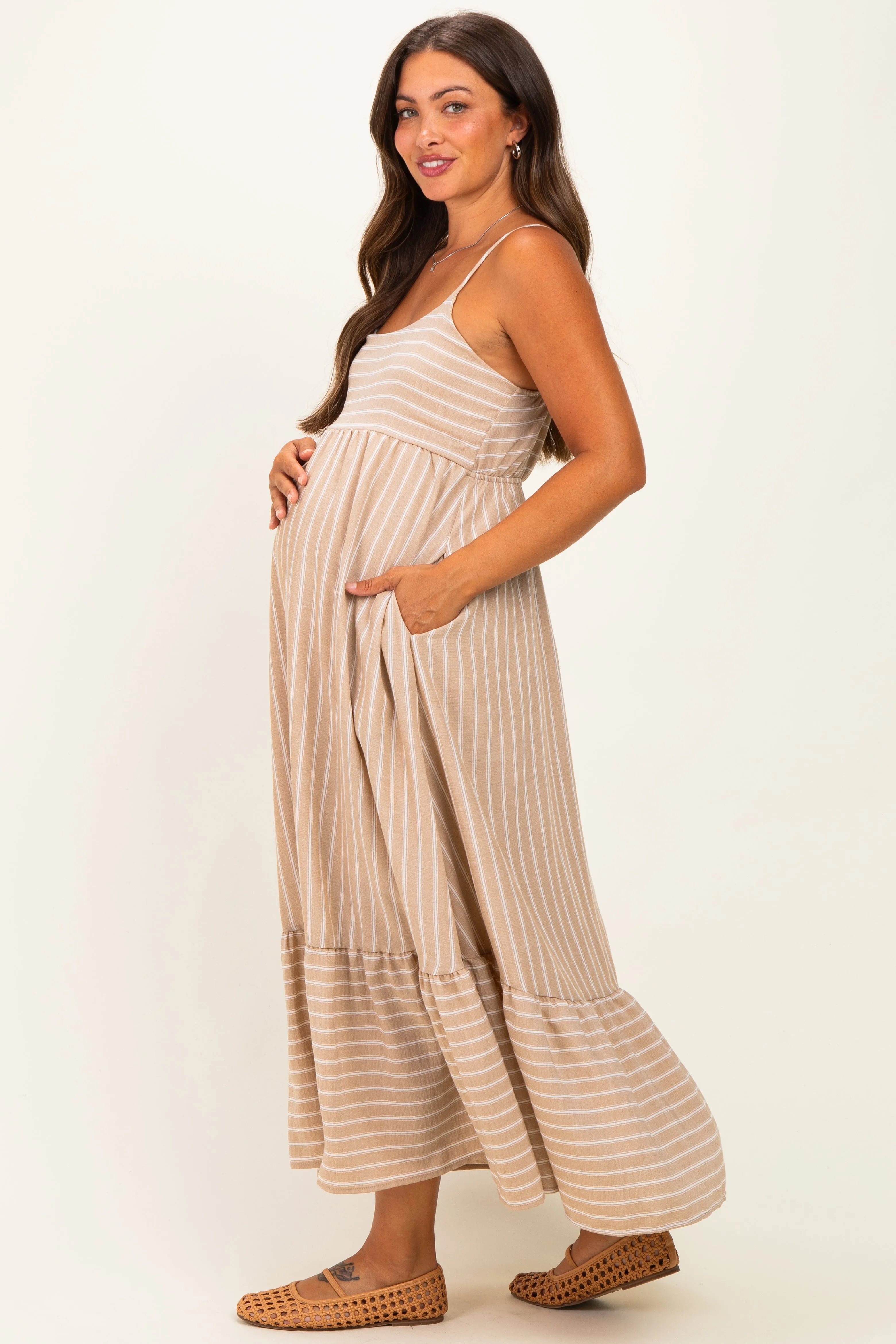 Taupe/ Off White Striped Sleeveless Ruffle Hem Maternity Maxi Dress sold by Pinkblush product image thumbnail 2