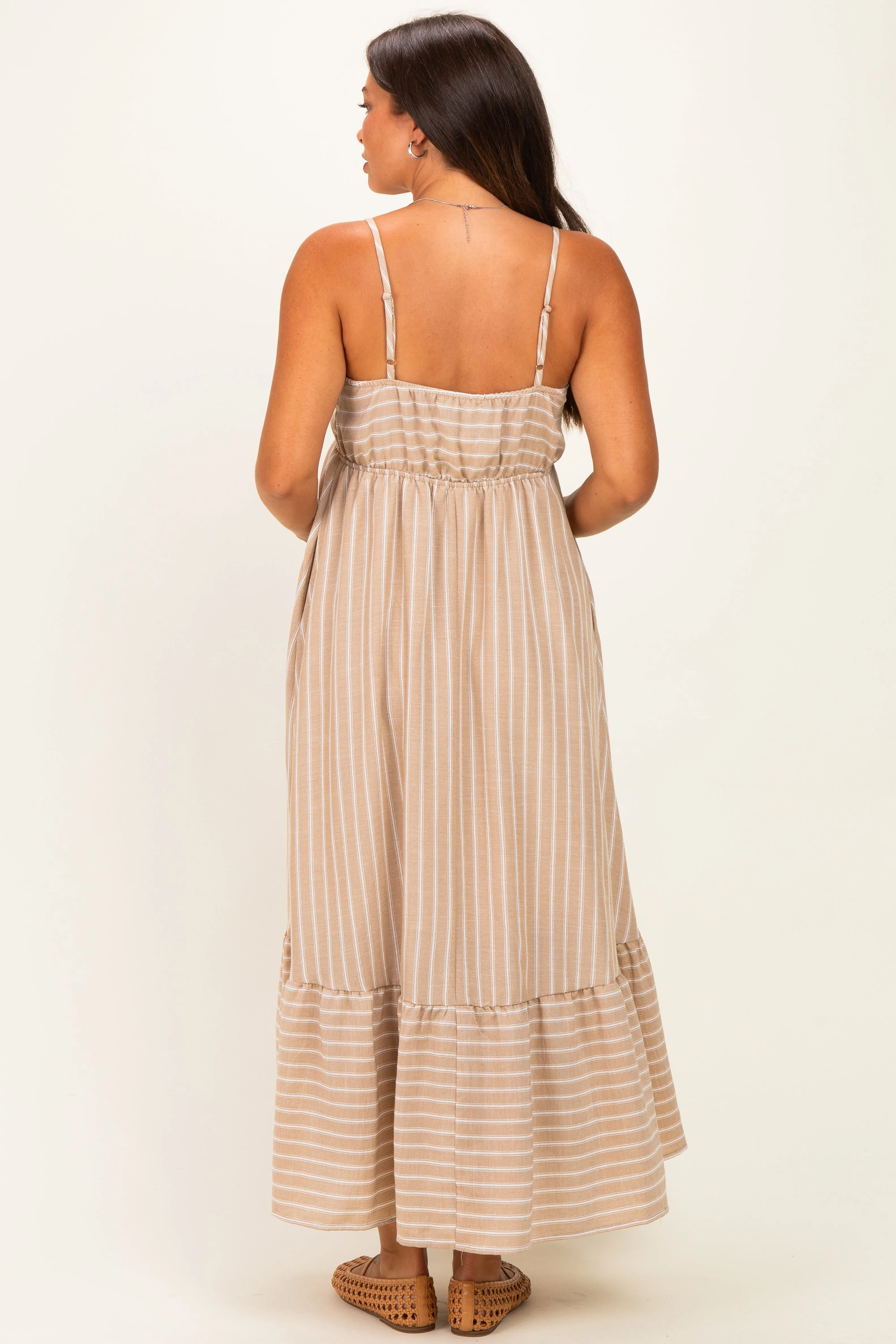 Taupe/ Off White Striped Sleeveless Ruffle Hem Maternity Maxi Dress sold by Pinkblush product image thumbnail 3