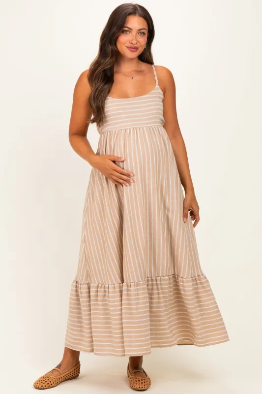 Taupe/ Off White Striped Sleeveless Ruffle Hem Maternity Maxi Dress made by Pinkblush