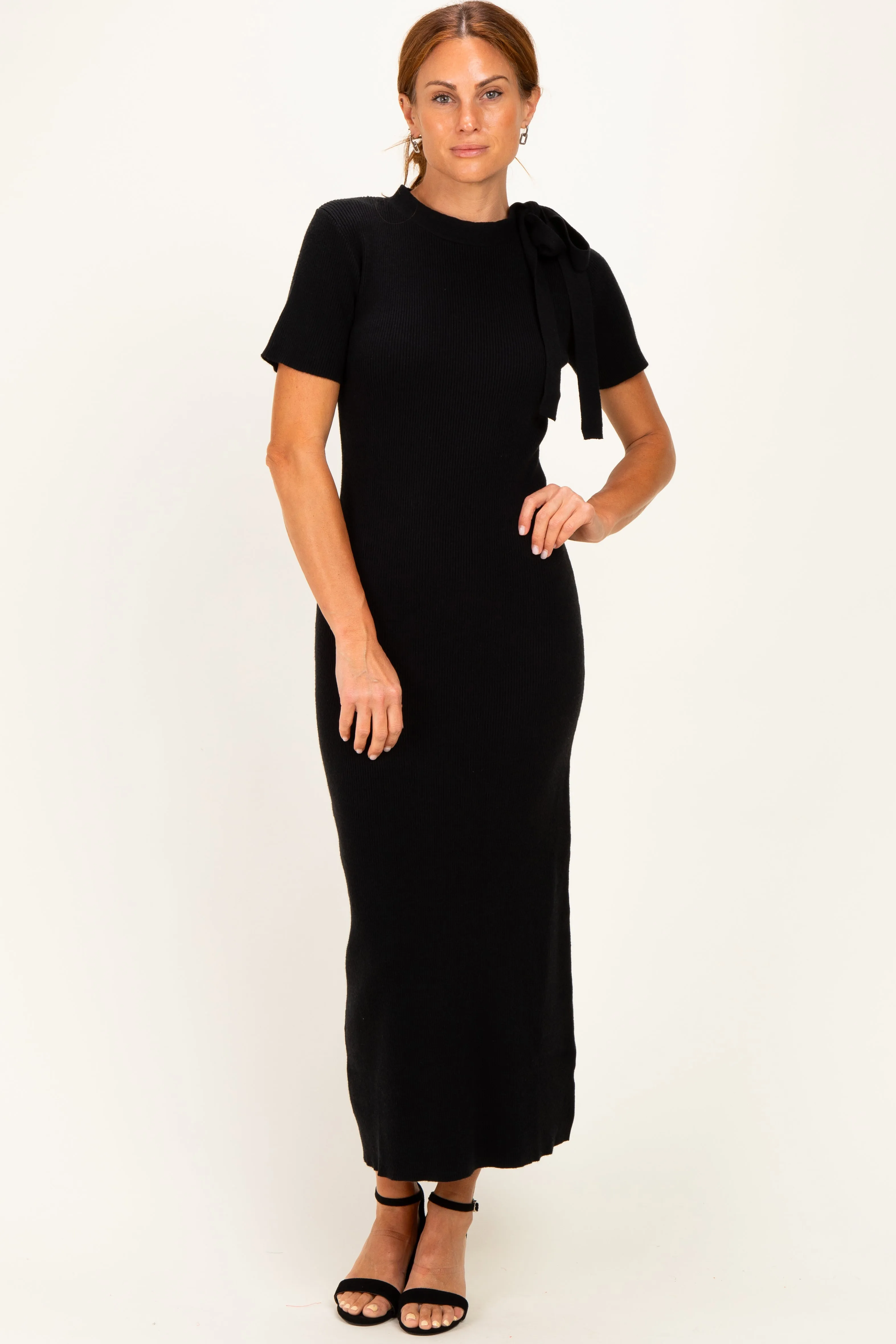 Black Tie Neck Short Sleeve Knit Dress sold by Pinkblush product image thumbnail 2
