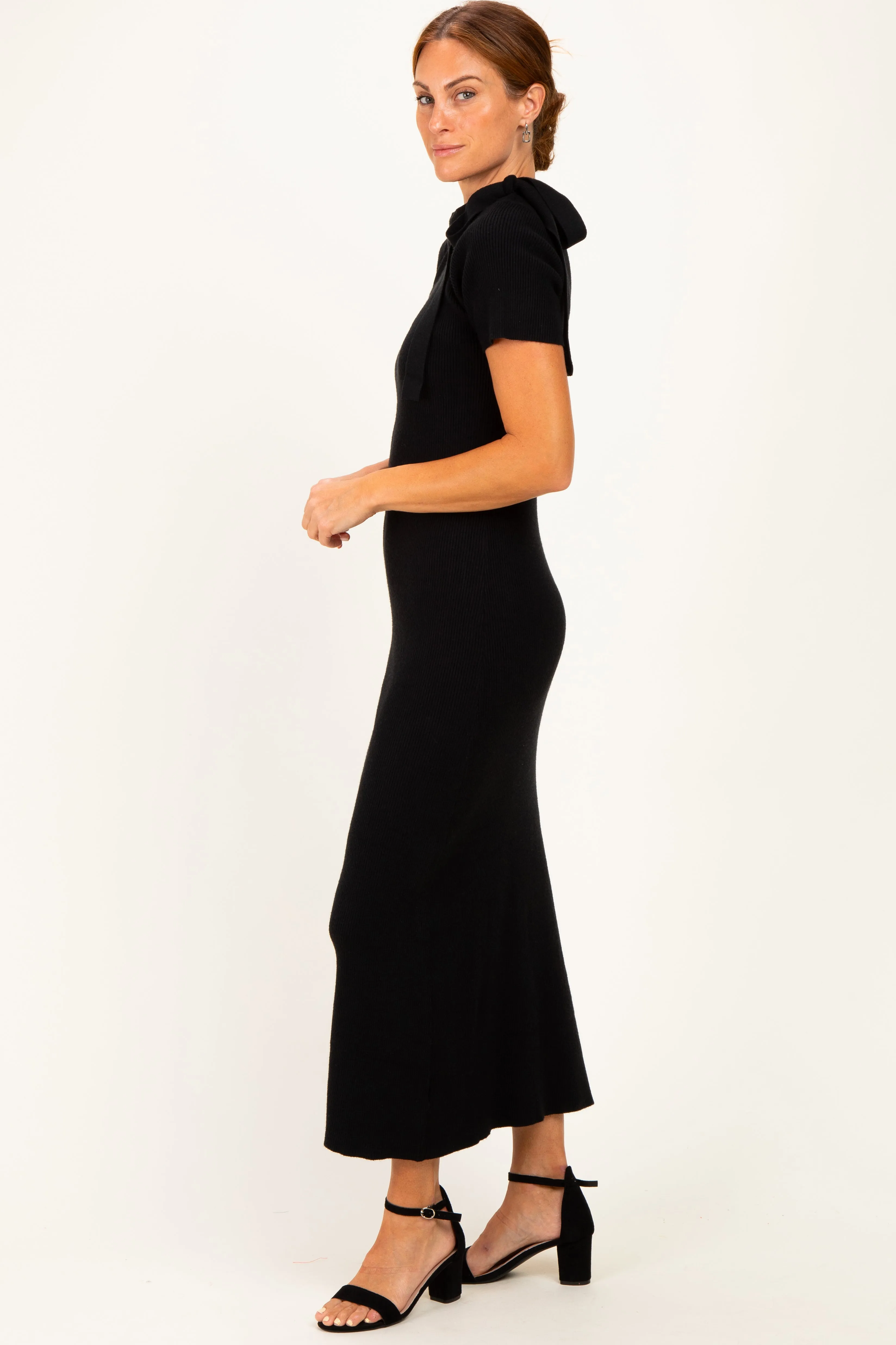 Black Tie Neck Short Sleeve Knit Dress sold by Pinkblush product image thumbnail 3