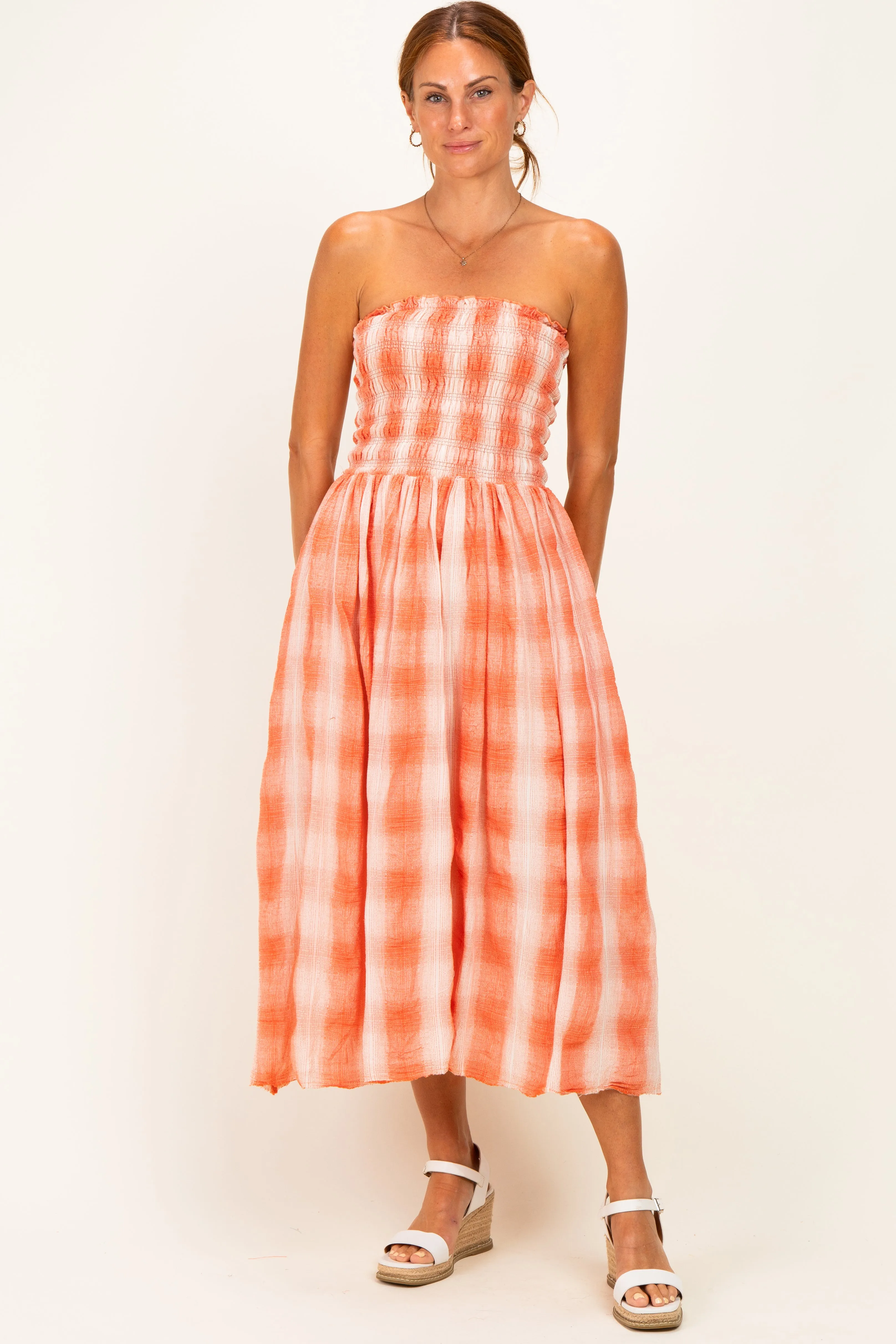 Orange Plaid Smocked Strapless Midi Dress sold by Pinkblush product image thumbnail 2