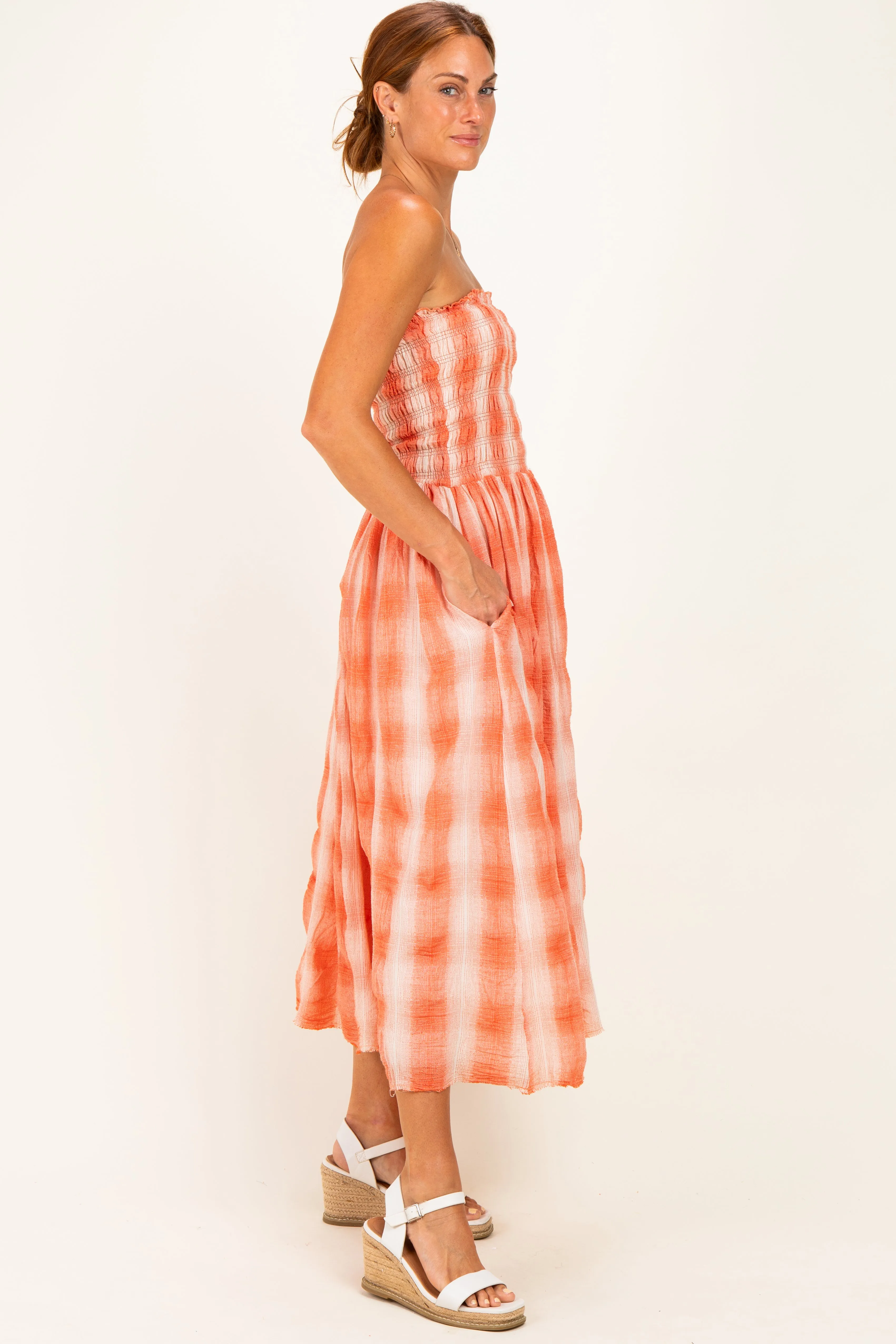 Orange Plaid Smocked Strapless Midi Dress sold by Pinkblush product image thumbnail 3