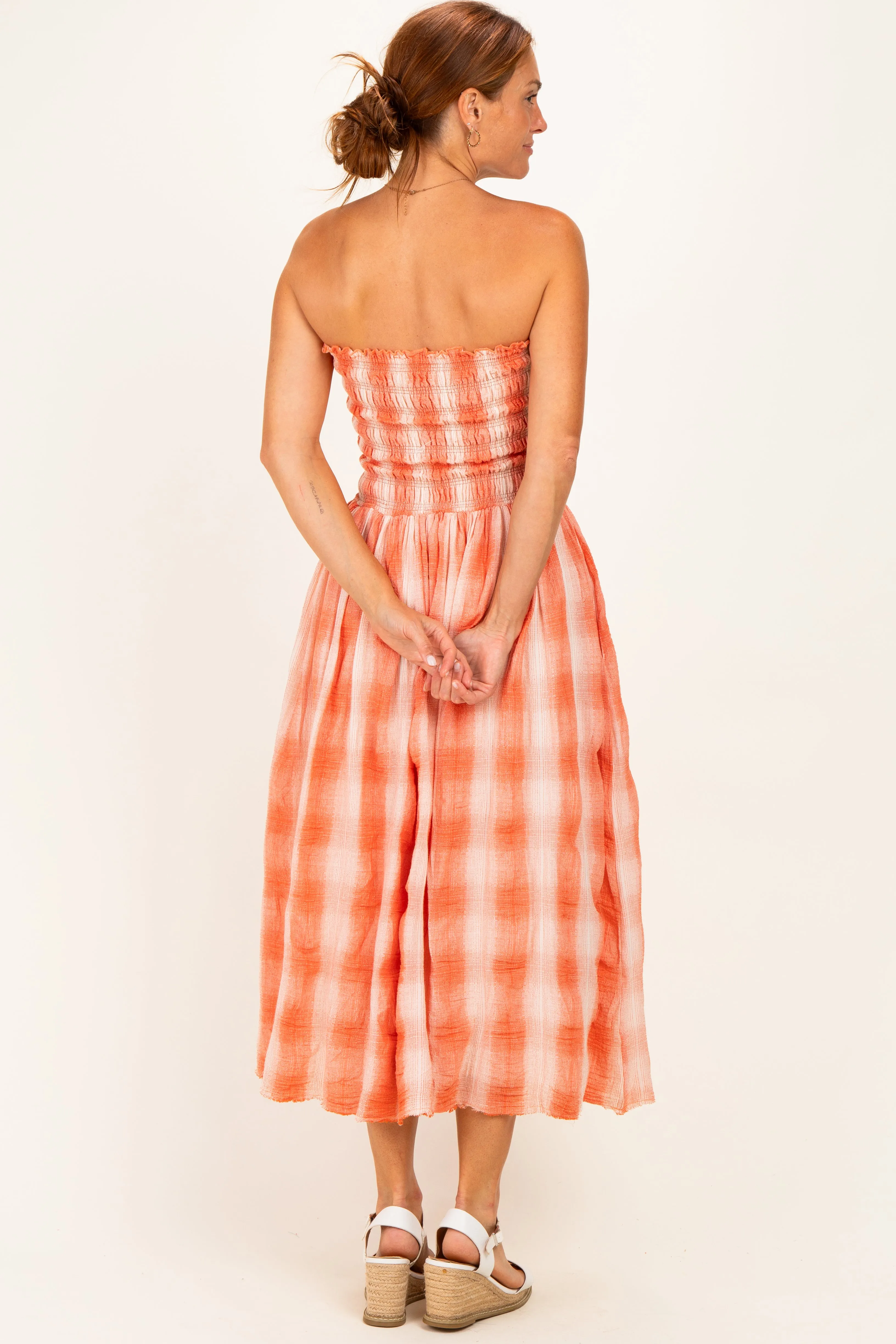 Orange Plaid Smocked Strapless Midi Dress sold by Pinkblush product image thumbnail 4