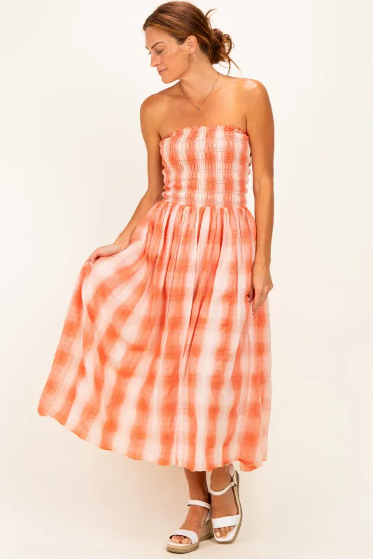 Orange Plaid Smocked Strapless Midi Dress made by Pinkblush