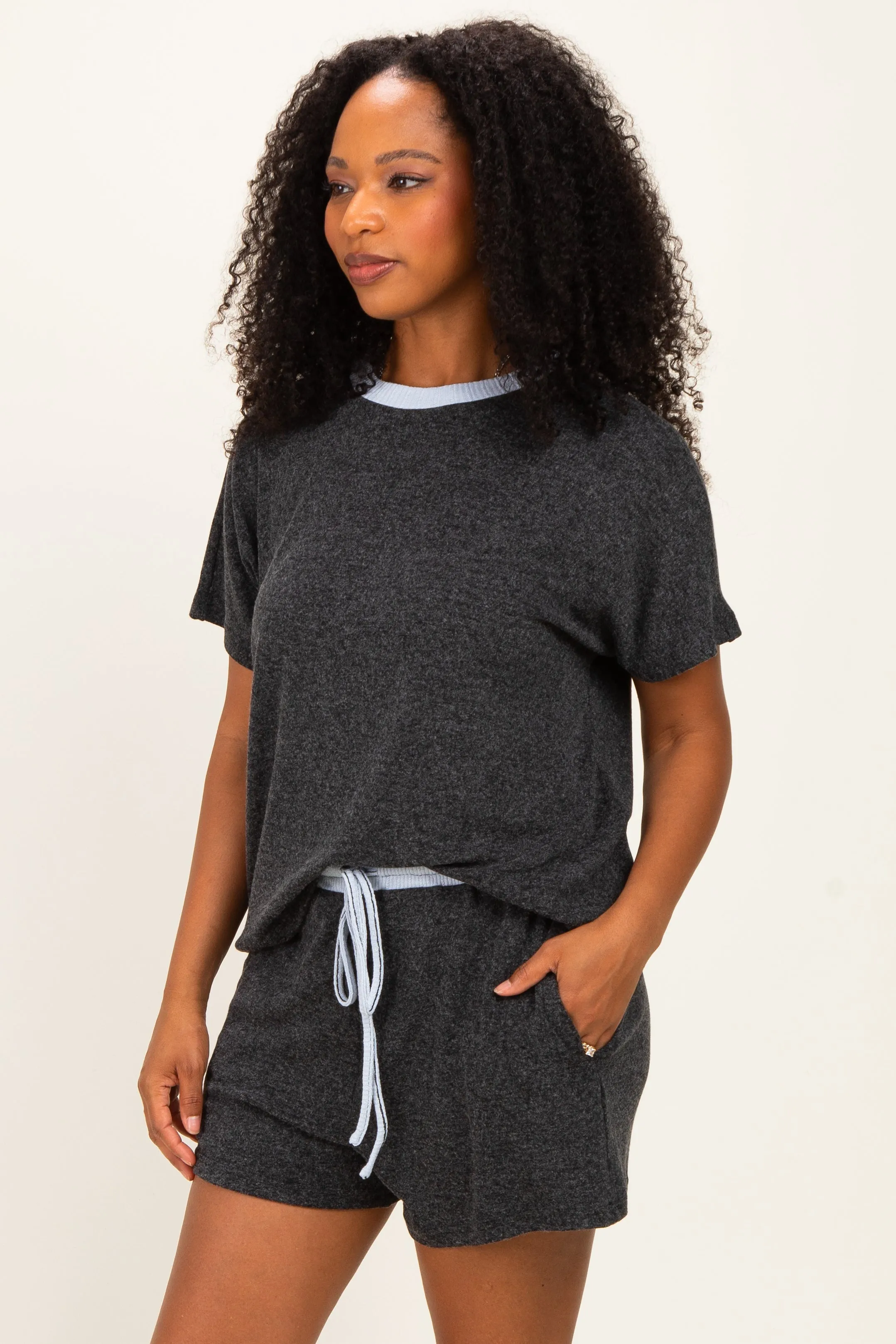 Charcoal Melange Knit Short Sleeve Top Shorts Set sold by Pinkblush product image thumbnail 3