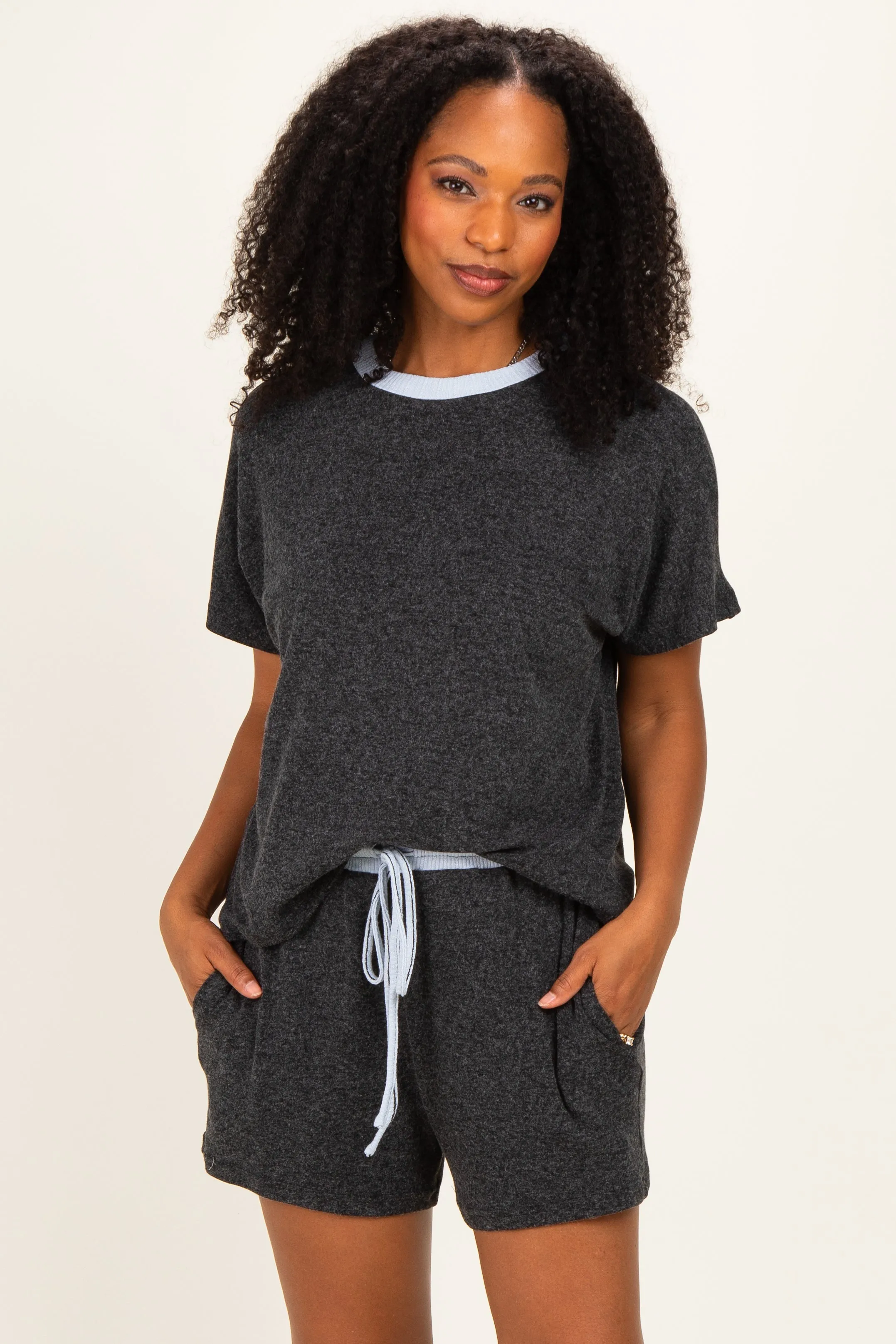 Charcoal Melange Knit Short Sleeve Top Shorts Set sold by Pinkblush