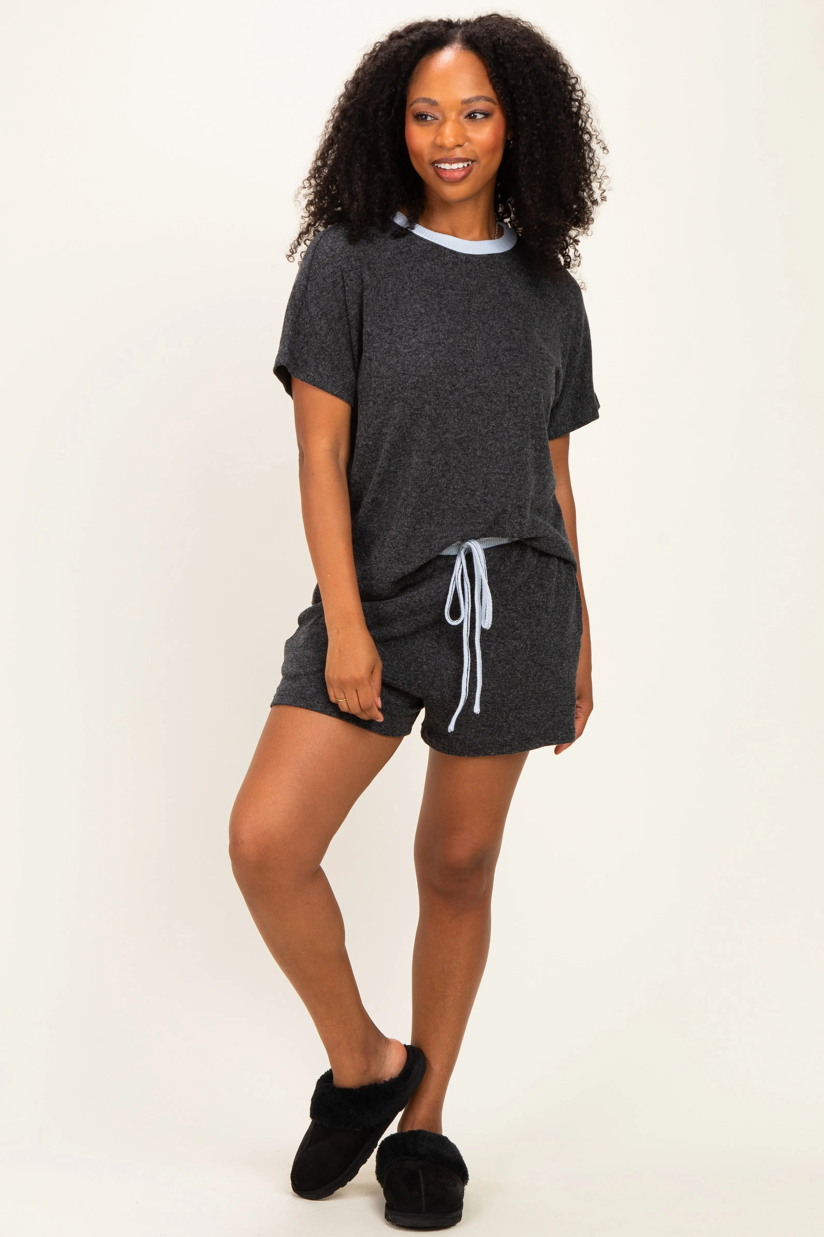 Charcoal Melange Knit Short Sleeve Top Shorts Set sold by Pinkblush product image thumbnail 2