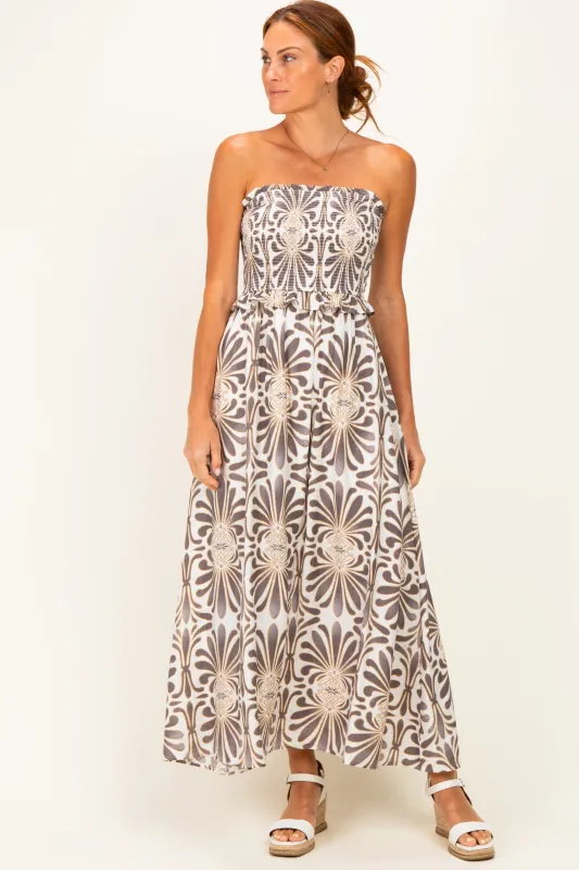 Charcoal Damask Print Strapless Smocked Midi Dress made by Pinkblush