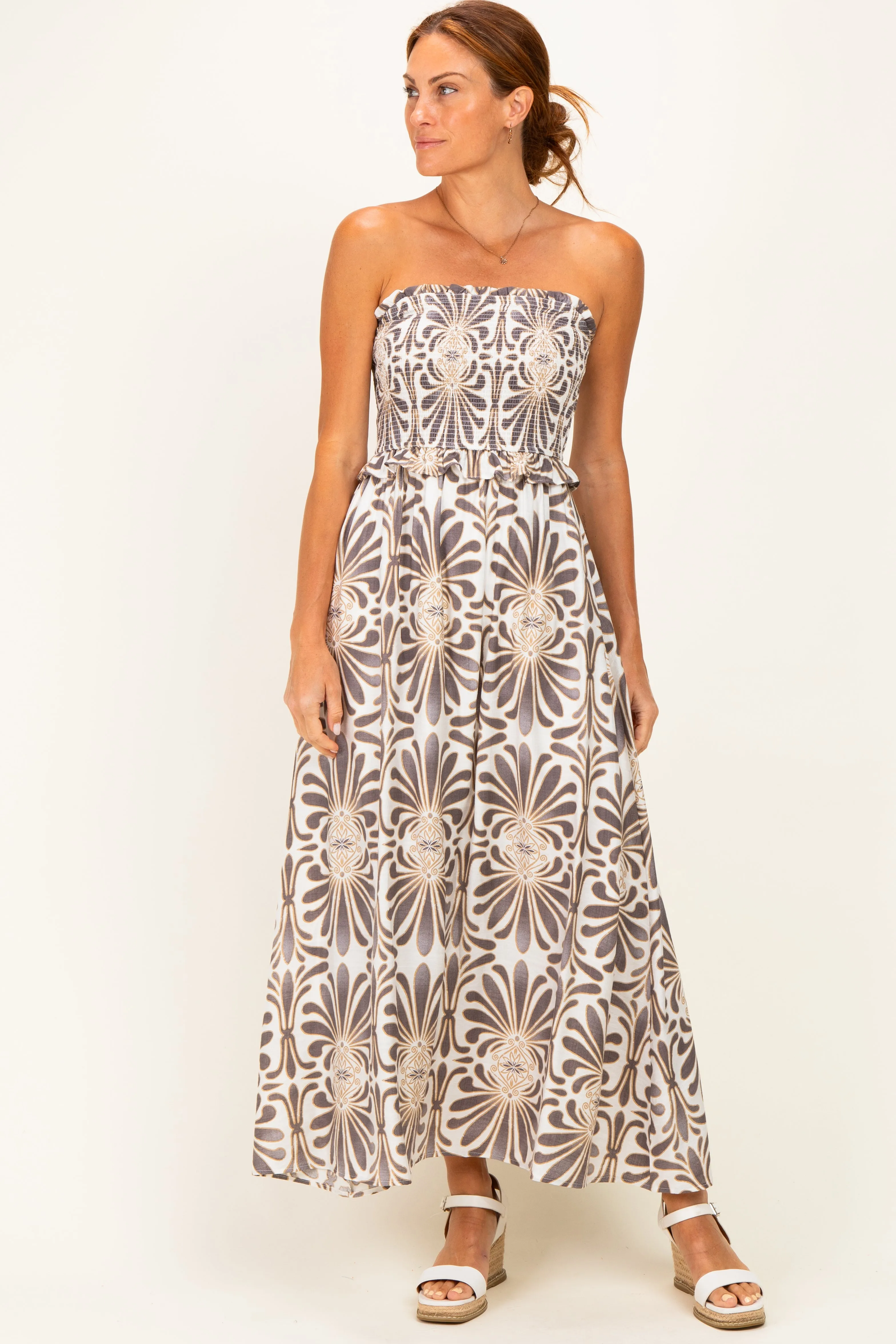 Charcoal Damask Print Strapless Smocked Midi Dress sold by Pinkblush