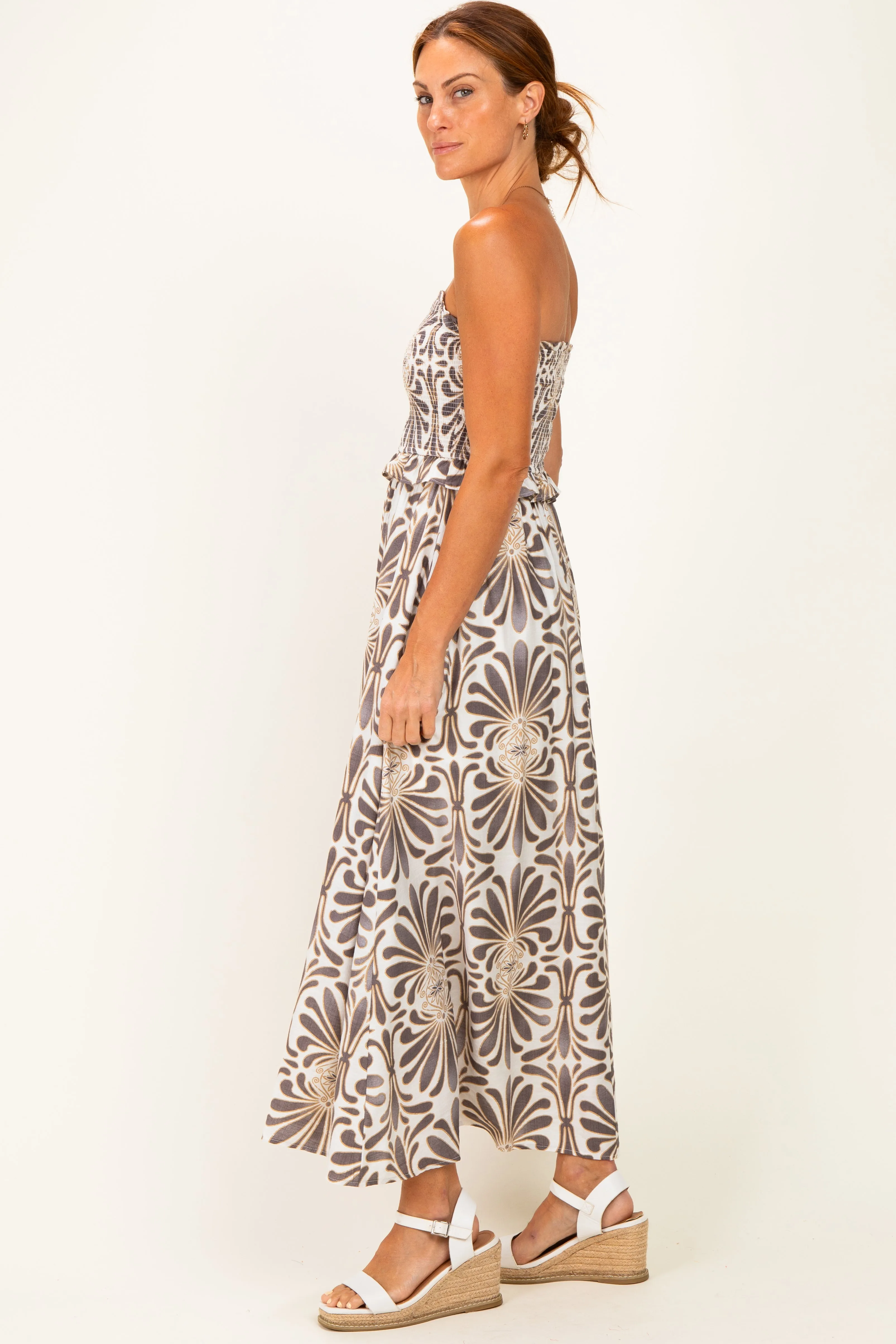Charcoal Damask Print Strapless Smocked Midi Dress sold by Pinkblush product image thumbnail 2