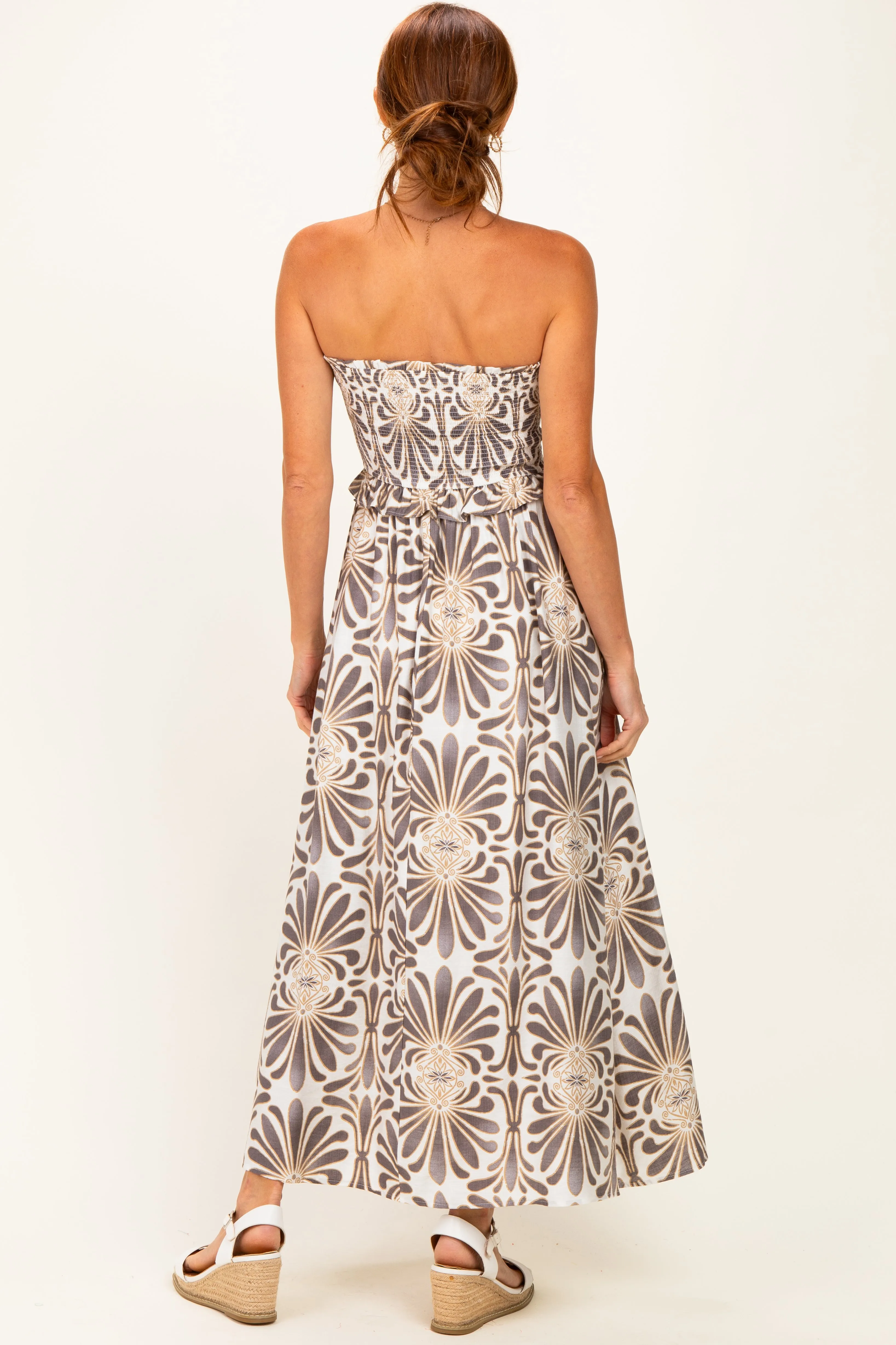 Charcoal Damask Print Strapless Smocked Midi Dress sold by Pinkblush product image thumbnail 3