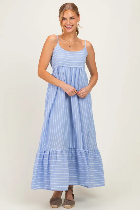 Blue/ Off White Striped Sleeveless Ruffle Hem Maxi Dress made by Pinkblush
