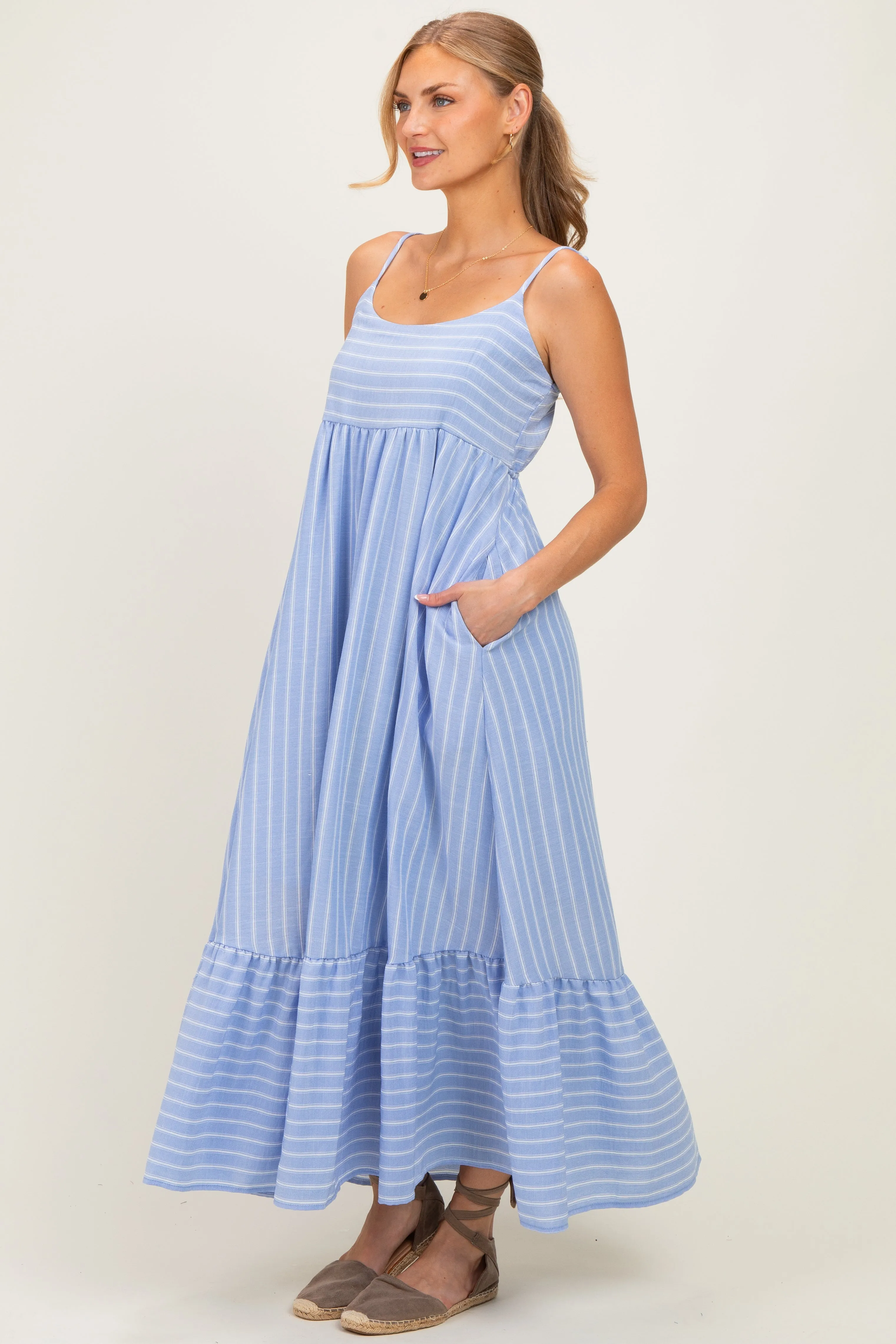 Blue/ Off White Striped Sleeveless Ruffle Hem Maxi Dress sold by Pinkblush product image thumbnail 2