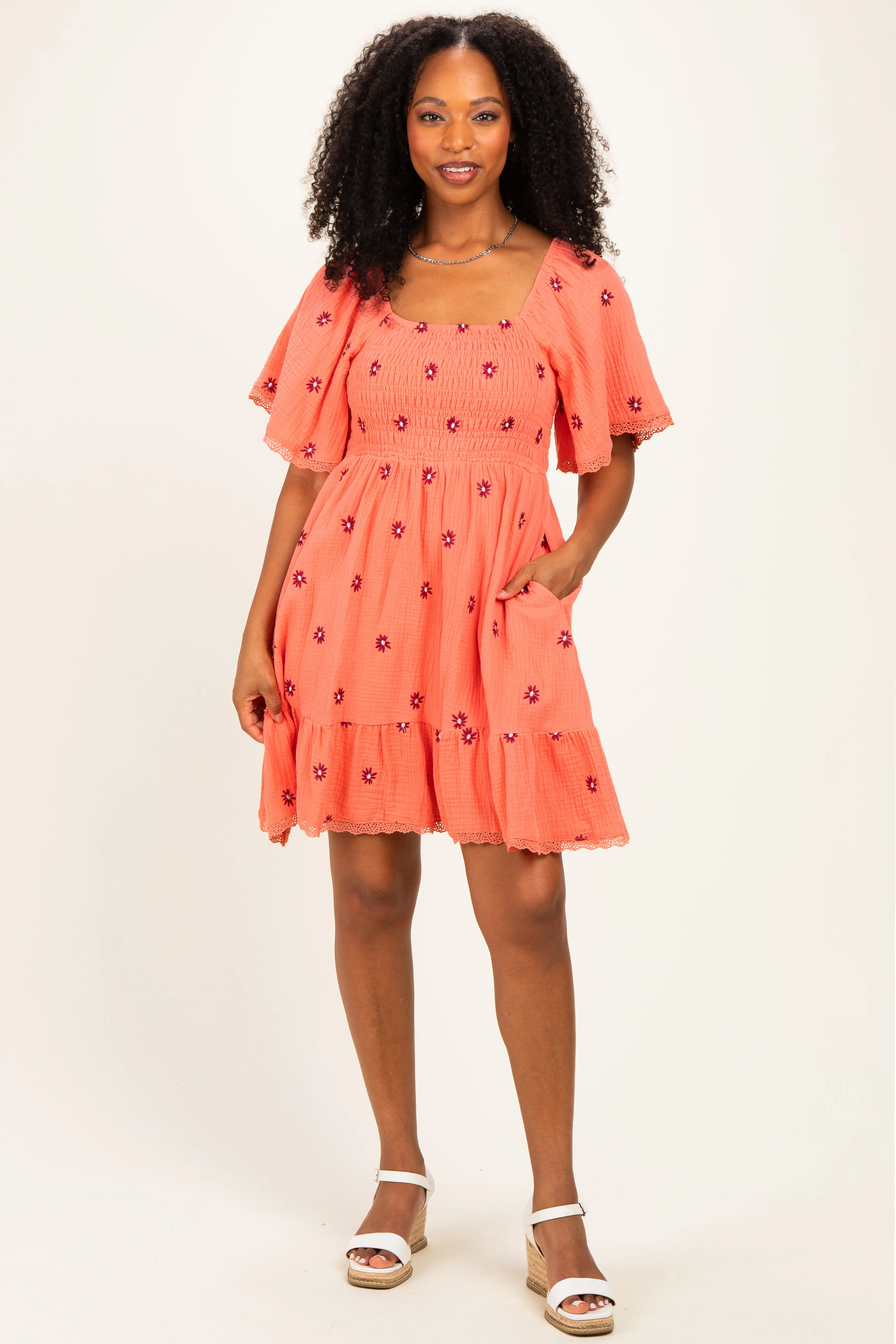 Light Orange Floral Embroidered Smocked Dress sold by Pinkblush