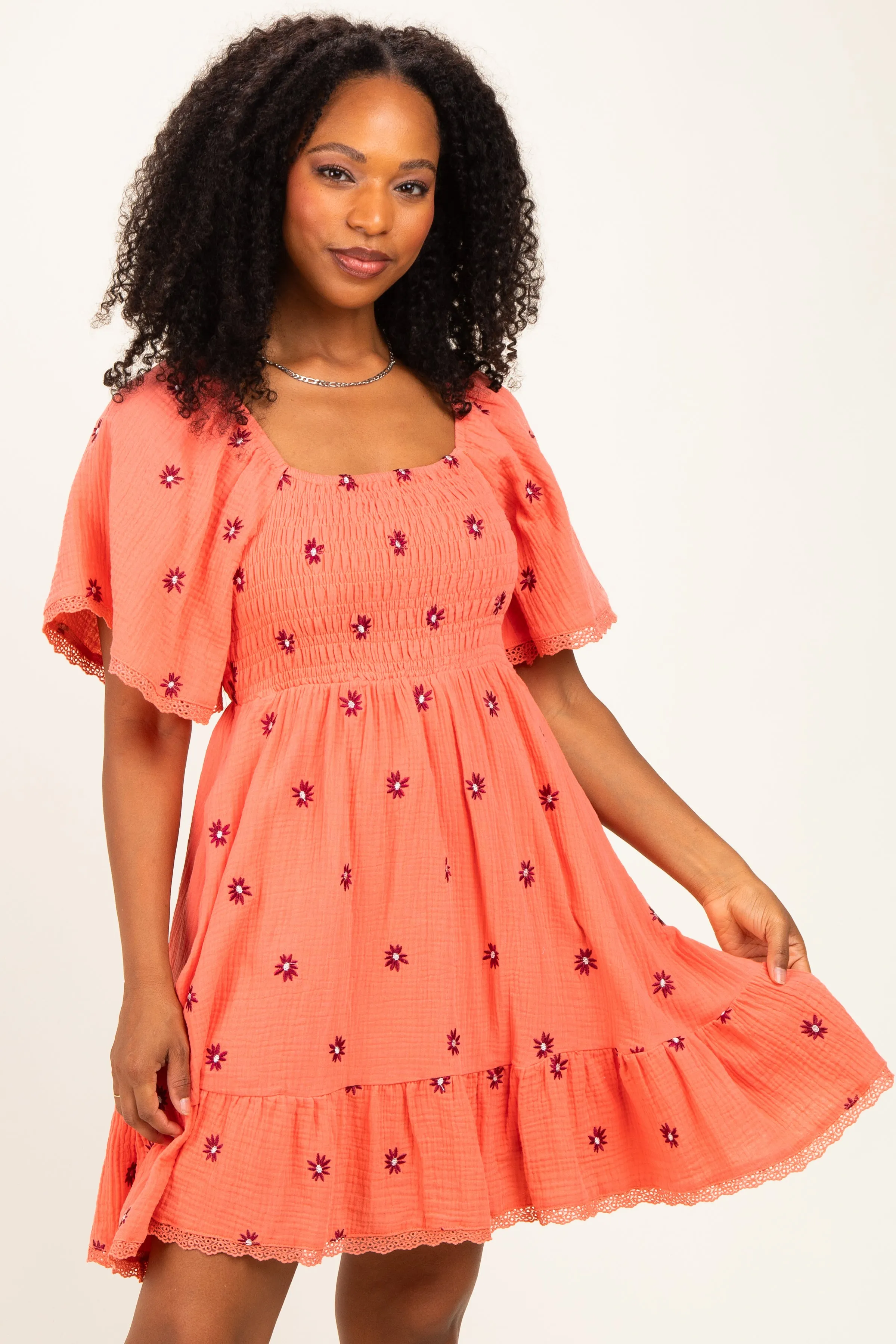 Light Orange Floral Embroidered Smocked Dress sold by Pinkblush product image thumbnail 2