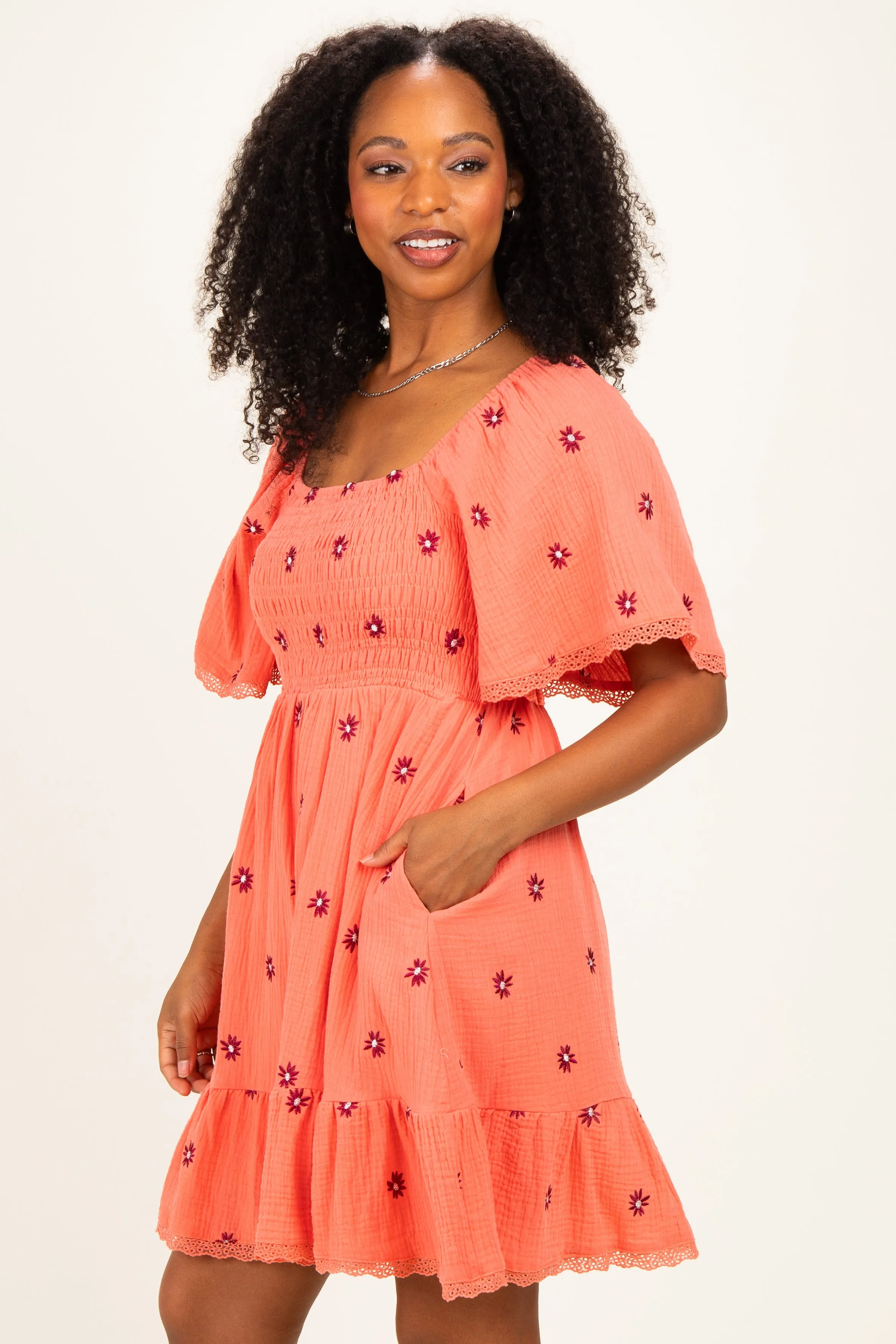Light Orange Floral Embroidered Smocked Dress sold by Pinkblush product image thumbnail 3
