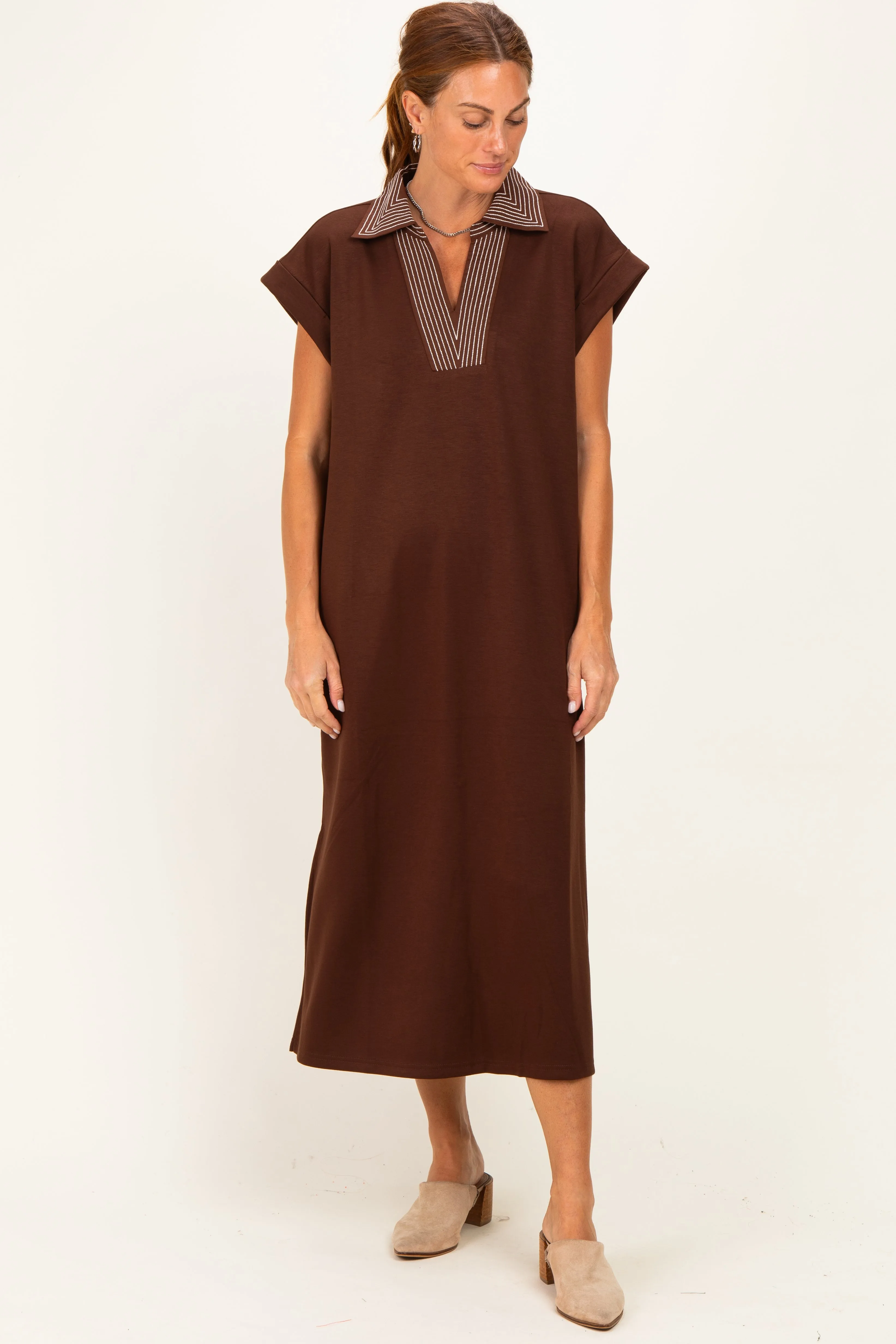 Brown Striped Collared Side Slit Midi Dress sold by Pinkblush product image thumbnail 2