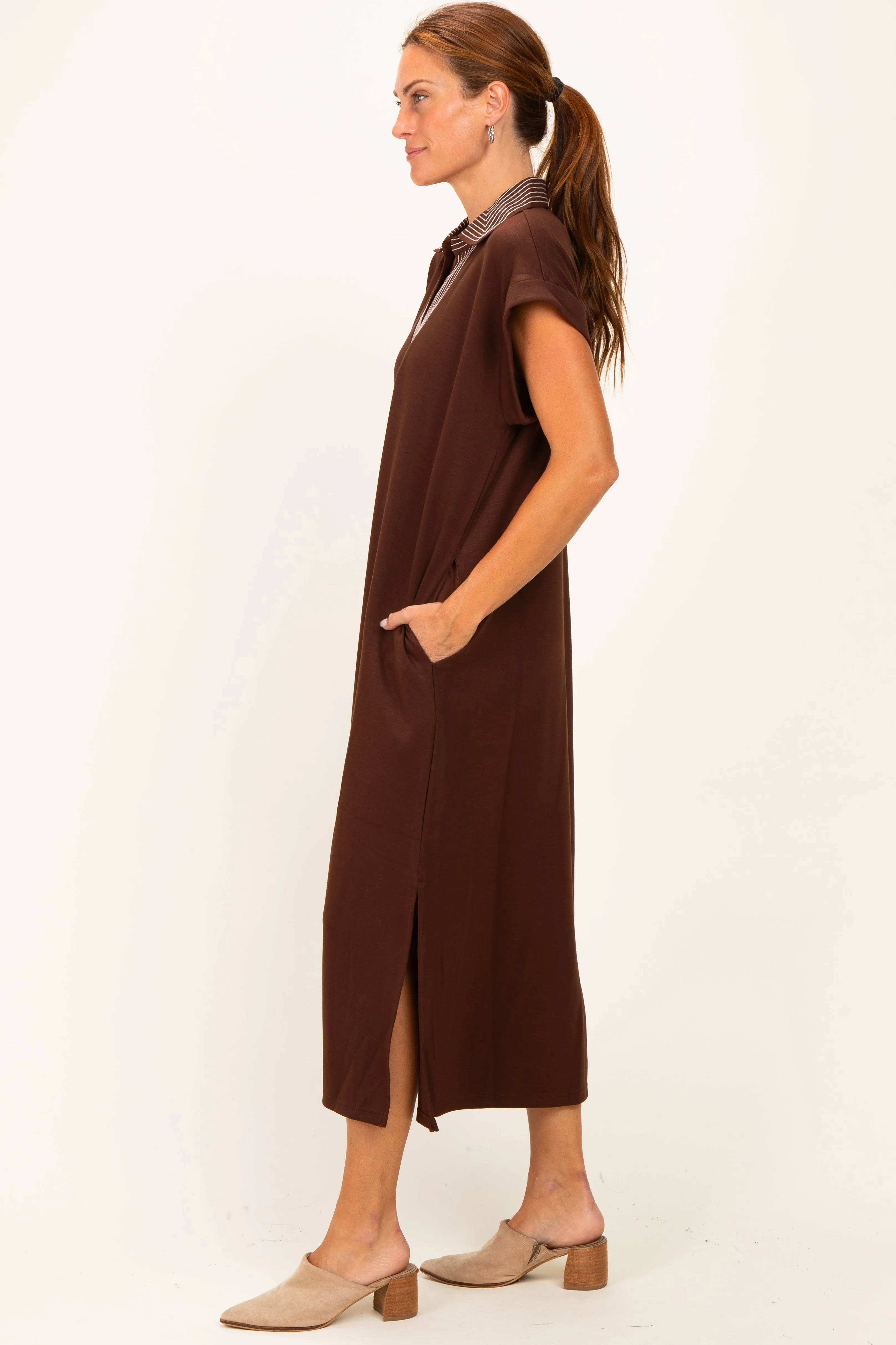 Brown Striped Collared Side Slit Midi Dress sold by Pinkblush product image thumbnail 3