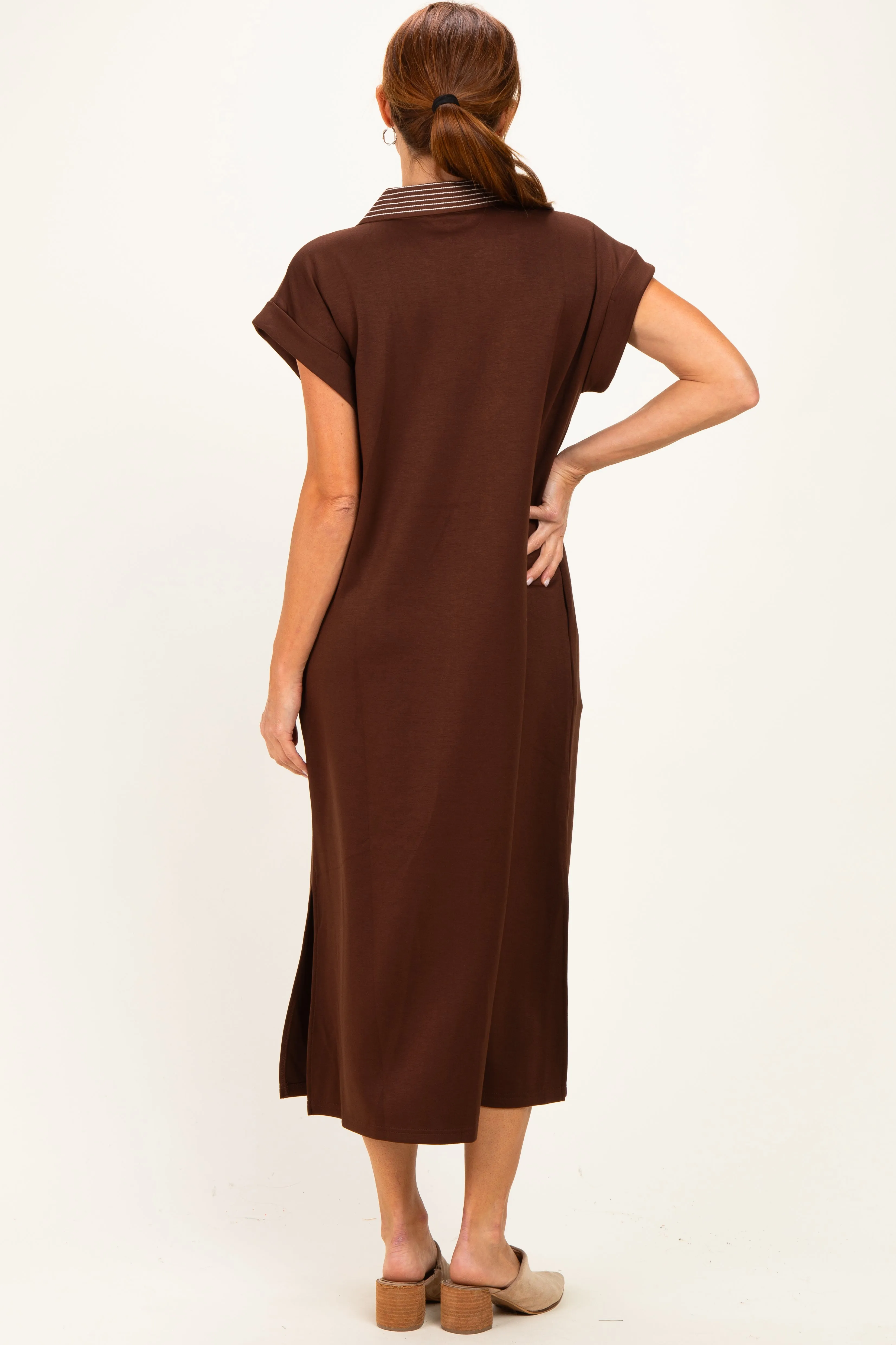 Brown Striped Collared Side Slit Midi Dress sold by Pinkblush product image thumbnail 4