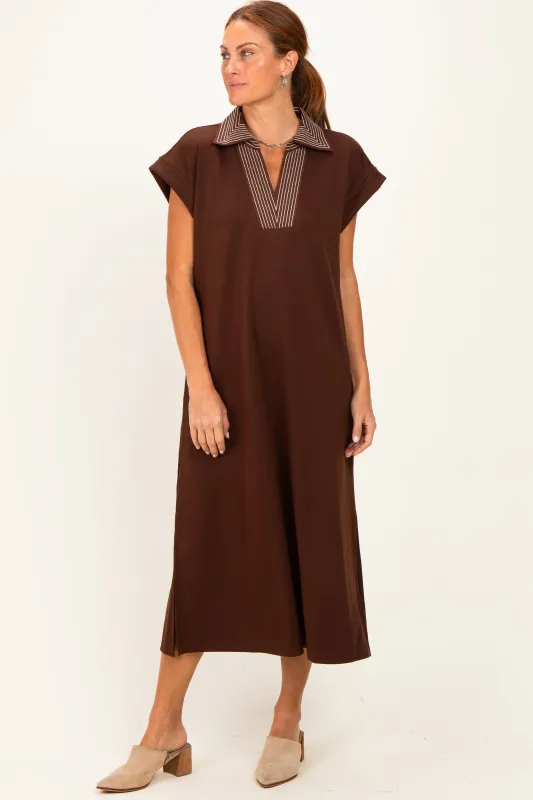 Brown Striped Collared Side Slit Midi Dress made by JODIFL
