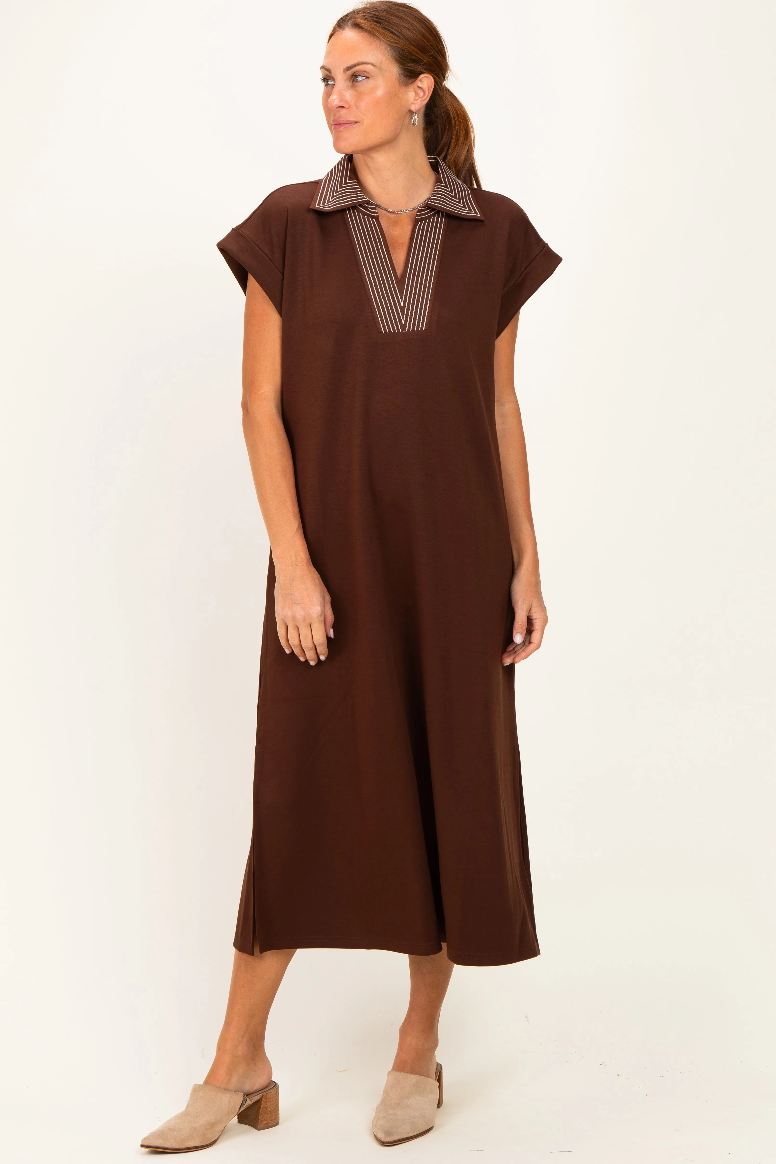 Brown Striped Collared Side Slit Midi Dress sold by Pinkblush