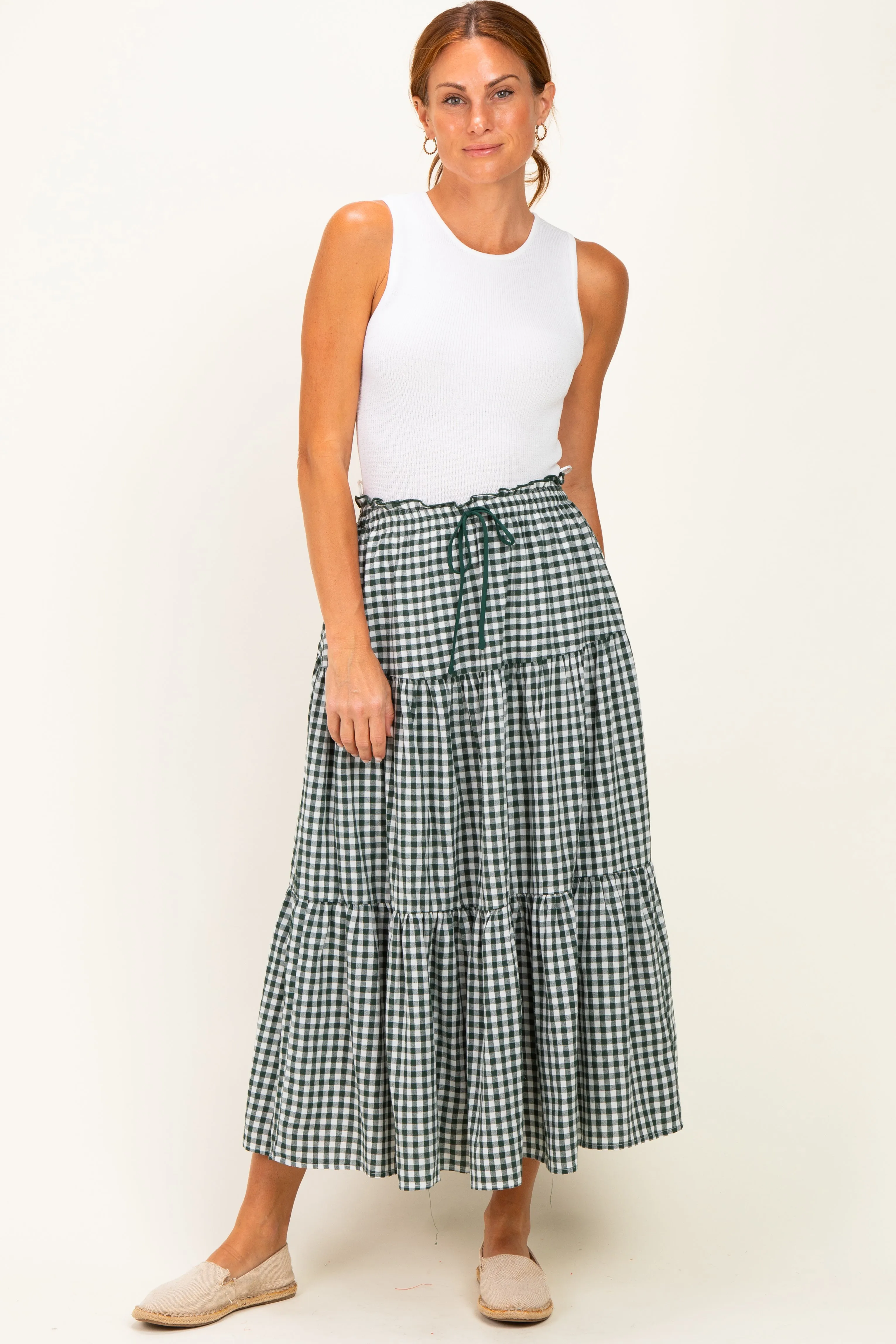 Olive Gingham Tiered Maxi Skirt sold by Pinkblush