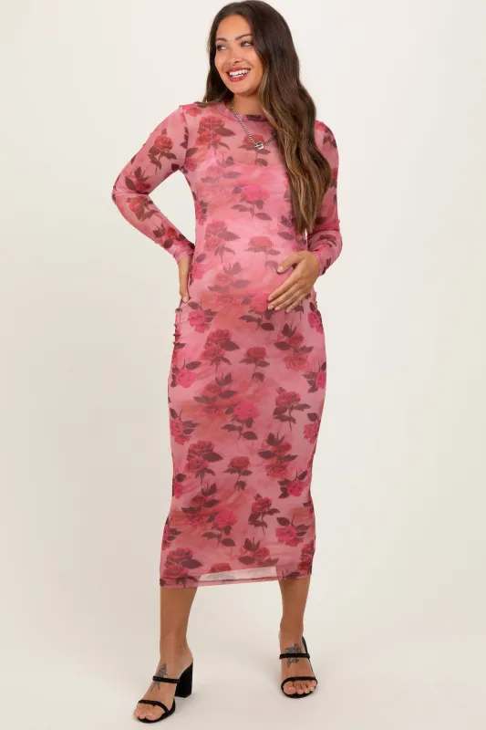 Pink Mesh Floral Fitted Maternity Dress made by Pinkblush