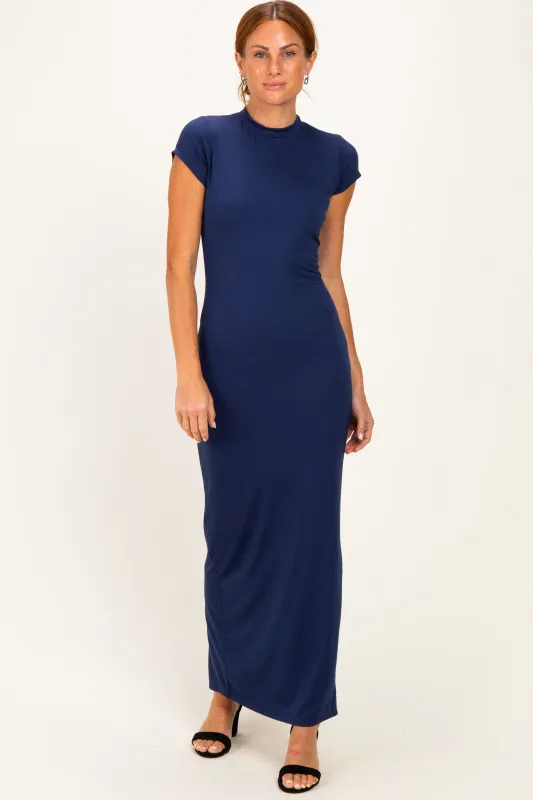 Navy Fitted Short Sleeve Maxi Dress made by Pinkblush