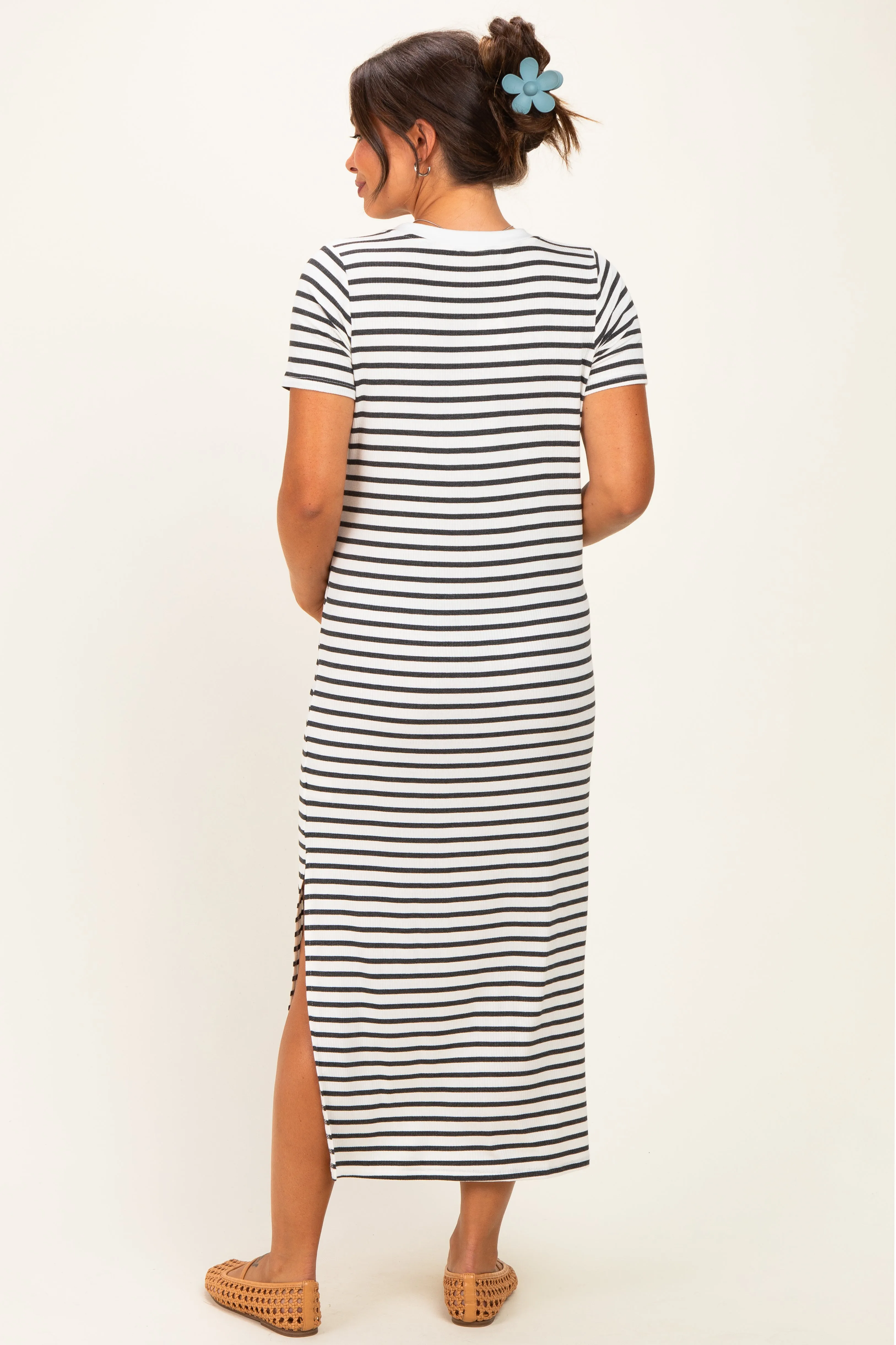 Charcoal/ Ivory Striped Short Sleeve Maternity Midi Dress sold by Pinkblush product image thumbnail 4