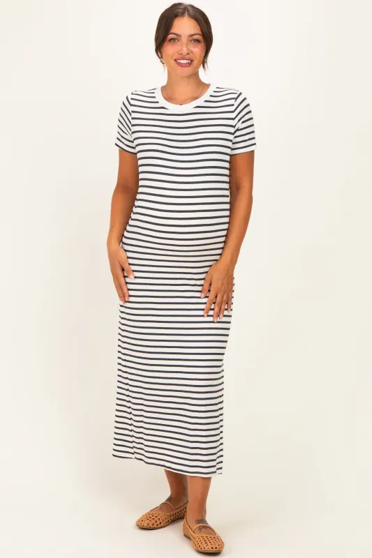 Charcoal/ Ivory Striped Short Sleeve Maternity Midi Dress made by Pinkblush