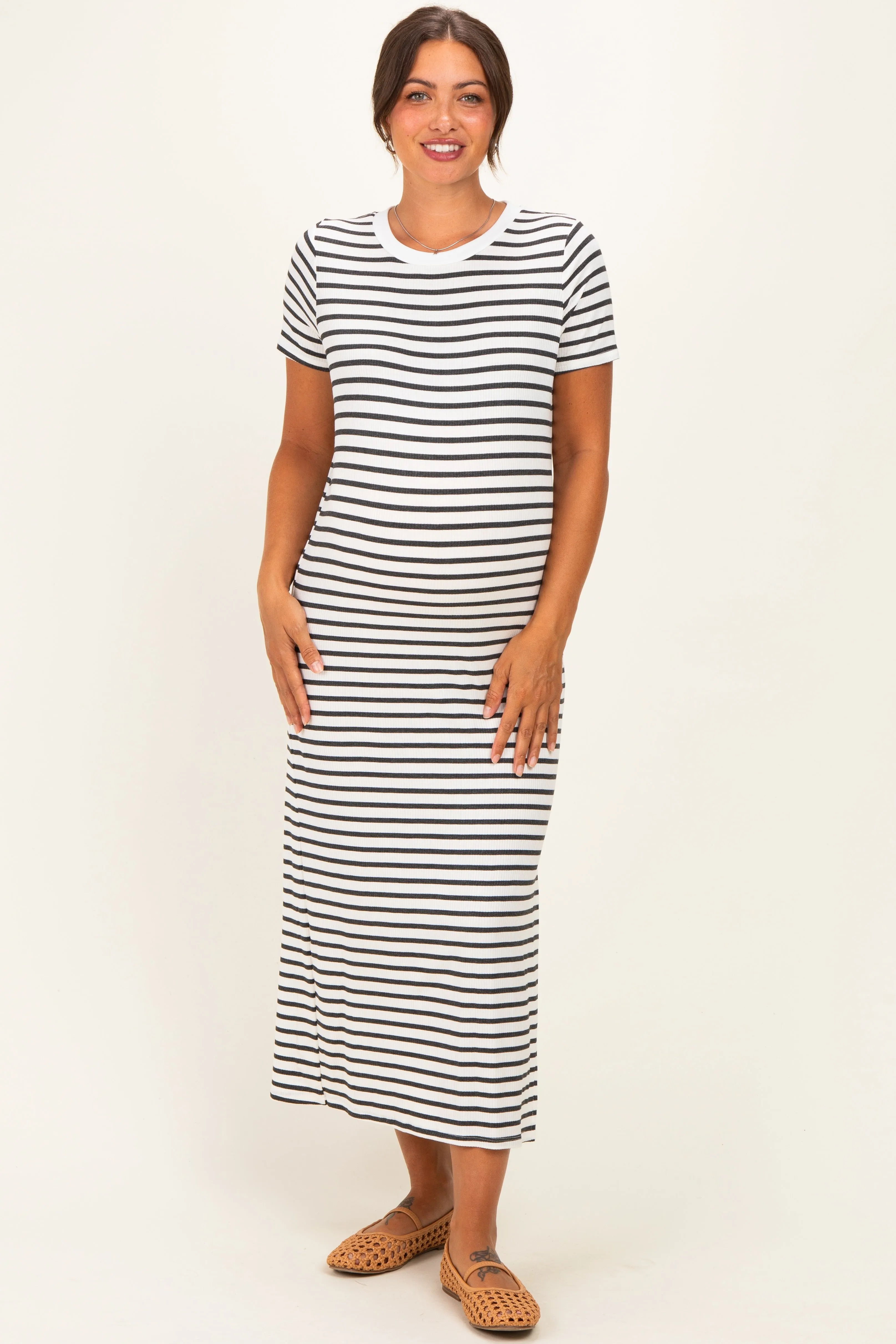 Charcoal/ Ivory Striped Short Sleeve Maternity Midi Dress sold by Pinkblush