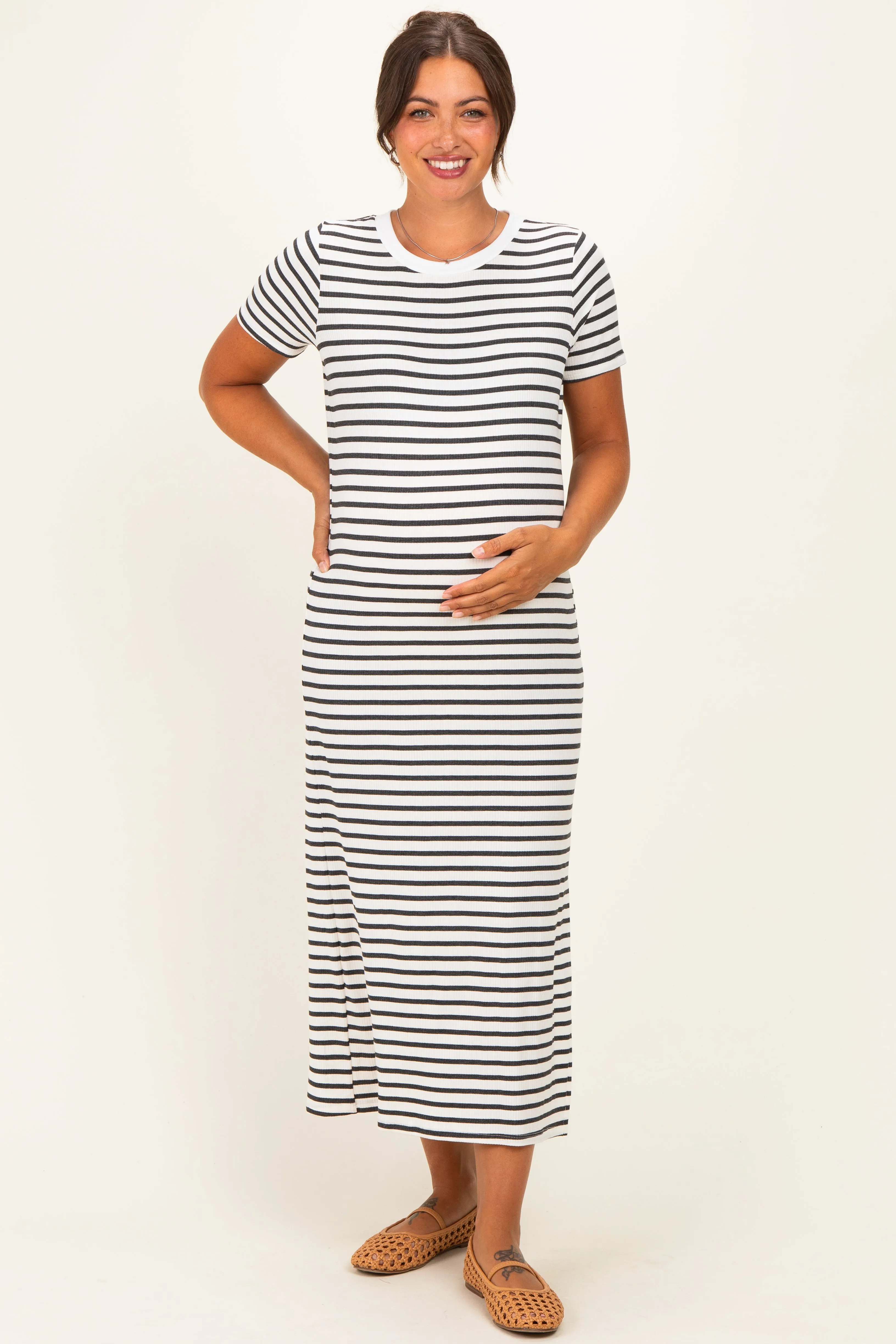 Charcoal/ Ivory Striped Short Sleeve Maternity Midi Dress sold by Pinkblush product image thumbnail 2